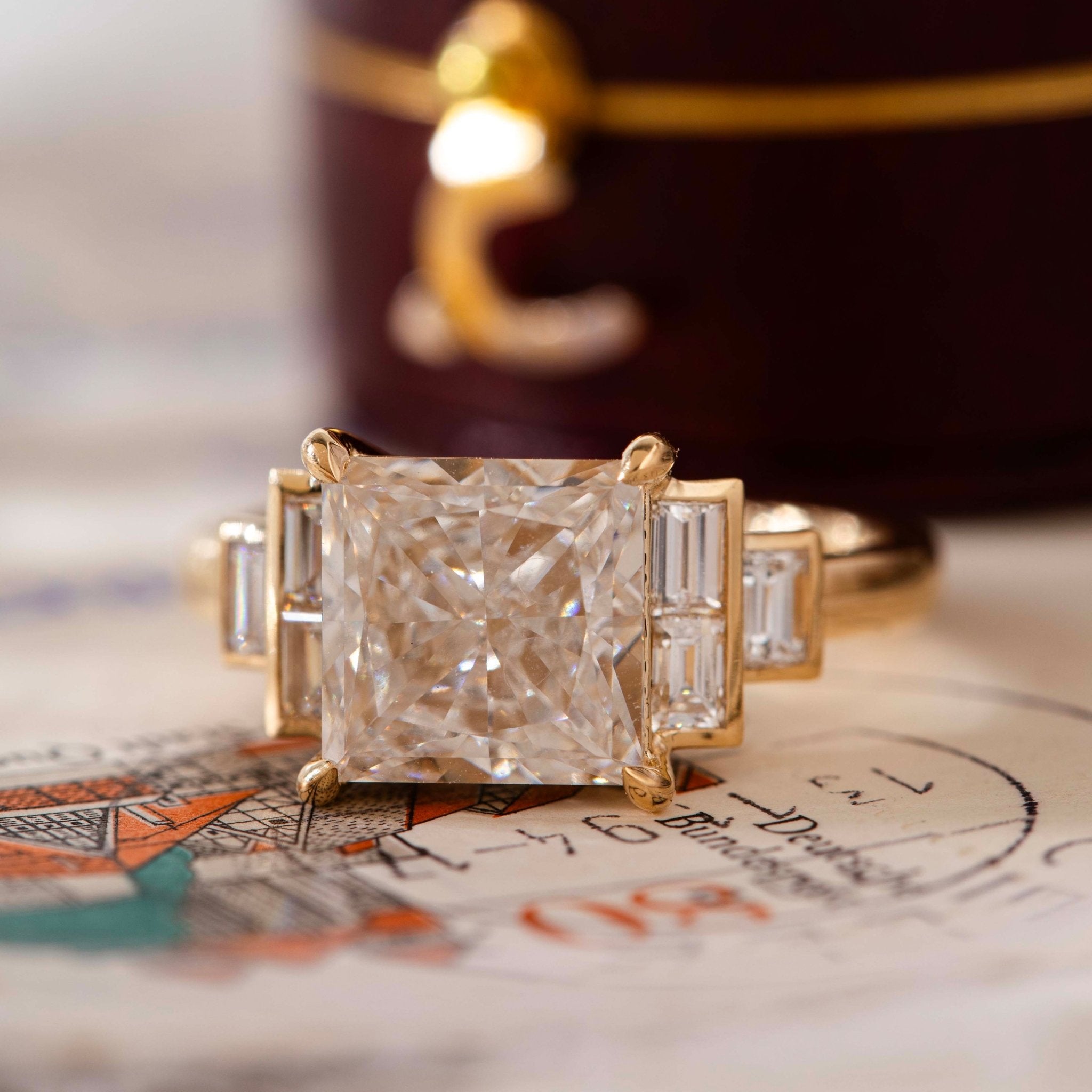 14K Yellow Gold 3.5ct Princess Cut Lab Diamond Ring with Baguette Cut Side - stones - MMR