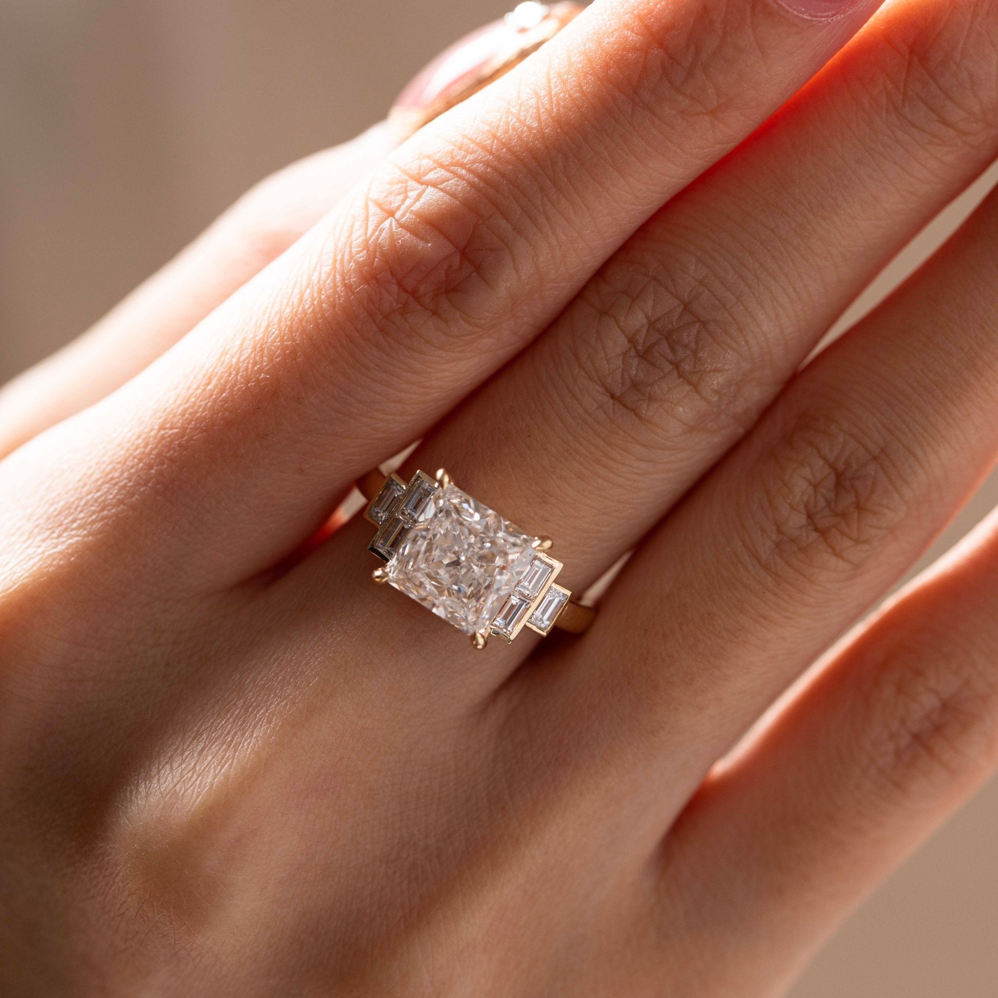 14K Yellow Gold 3.5ct Princess Cut Lab Diamond Ring with Baguette Cut Side - stones - MMR