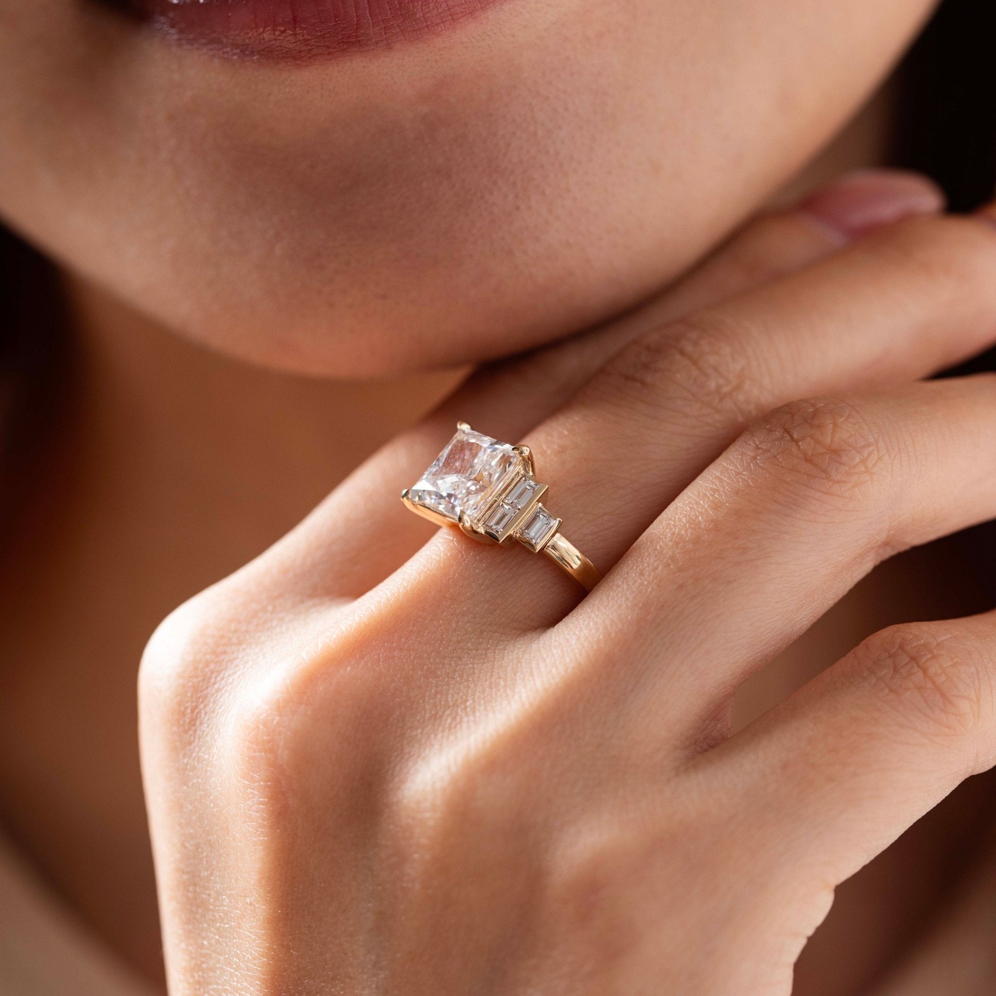 14K Yellow Gold 3.5ct Princess Cut Lab Diamond Ring with Baguette Cut Side - stones - MMR