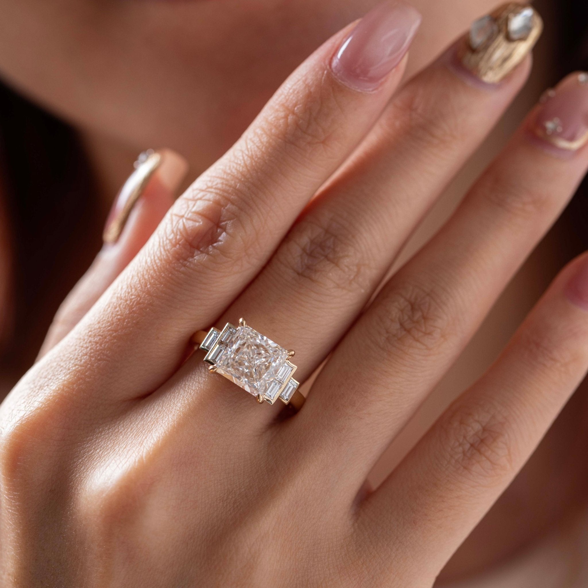 14K Yellow Gold 3.5ct Princess Cut Lab Diamond Ring with Baguette Cut Side - stones - MMR