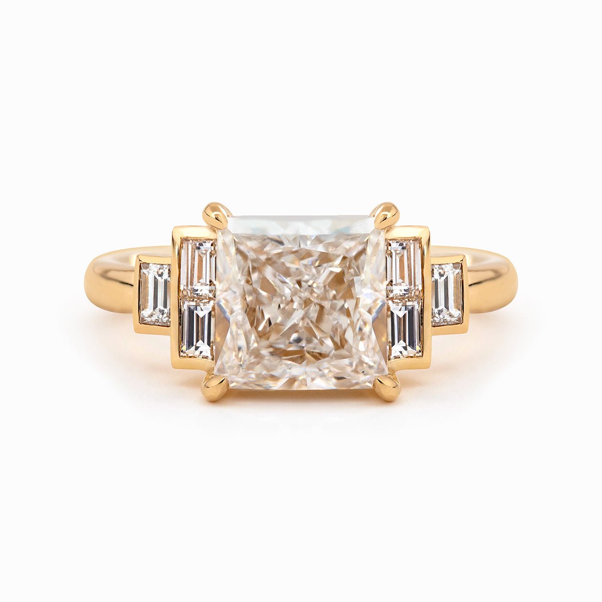 14K Yellow Gold 3.5ct Princess Cut Lab Diamond Ring with Baguette Cut Side - stones - MMR