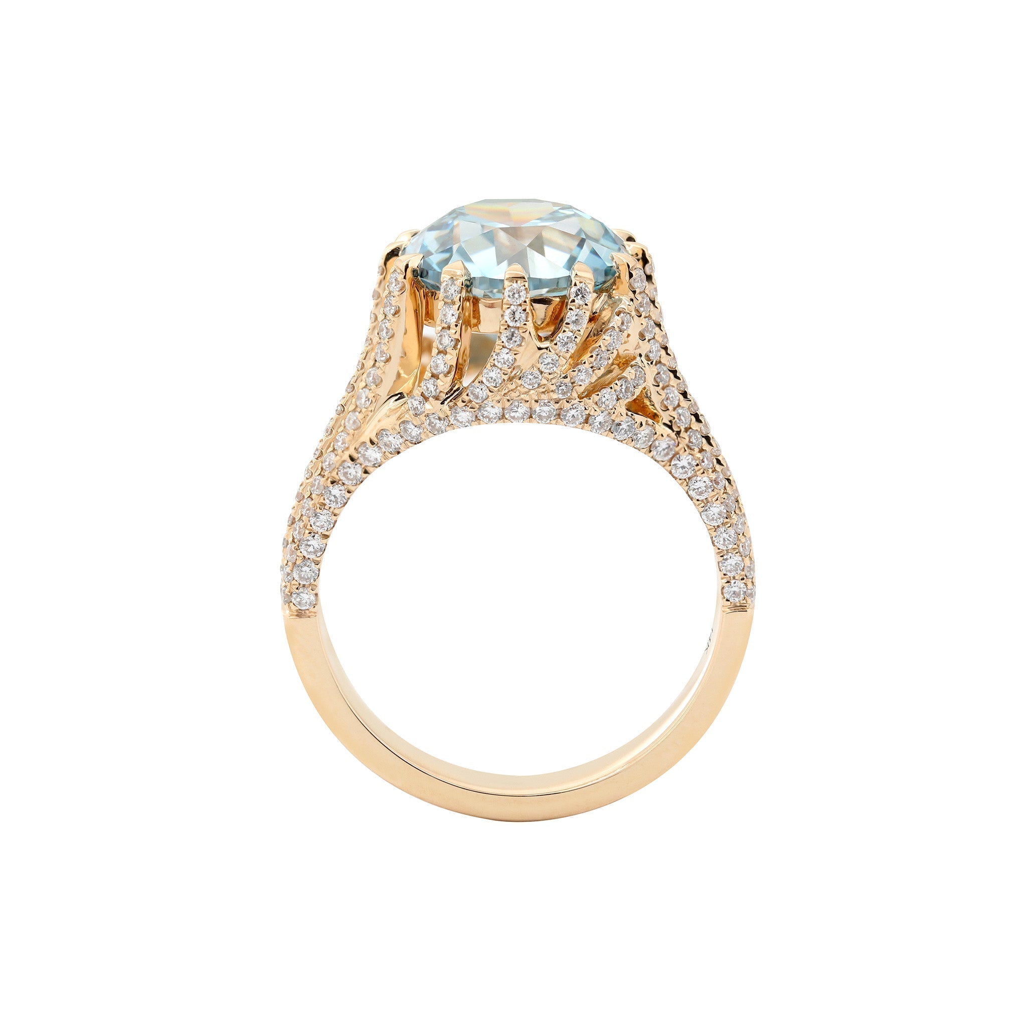 14K Yellow Gold 3.67CT Blue Old European Cut Lab Diamond Multi Row Band High - Set Design Ring - MMR