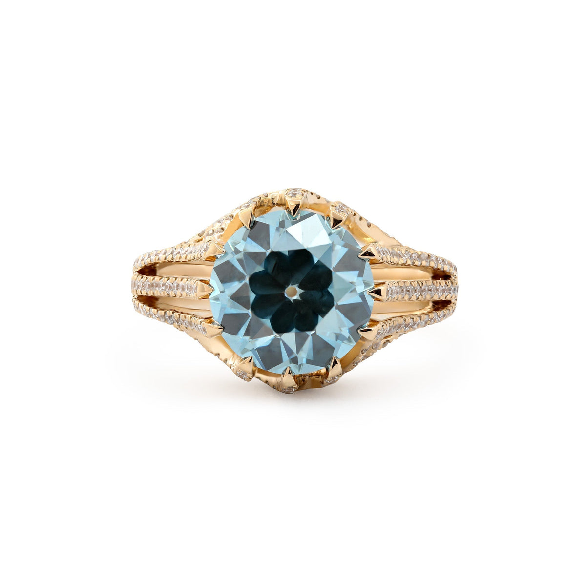 14K Yellow Gold 3.67CT Blue Old European Cut Lab Diamond Multi Row Band High - Set Design Ring - MMR