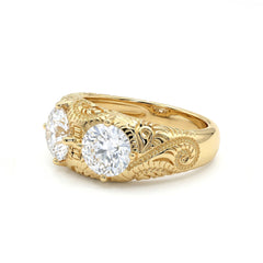 14K Yellow Gold 3.6CTW Old European Cut Lab Diamond Vintage Style Hand - engraved Three Stone Ring - MMR