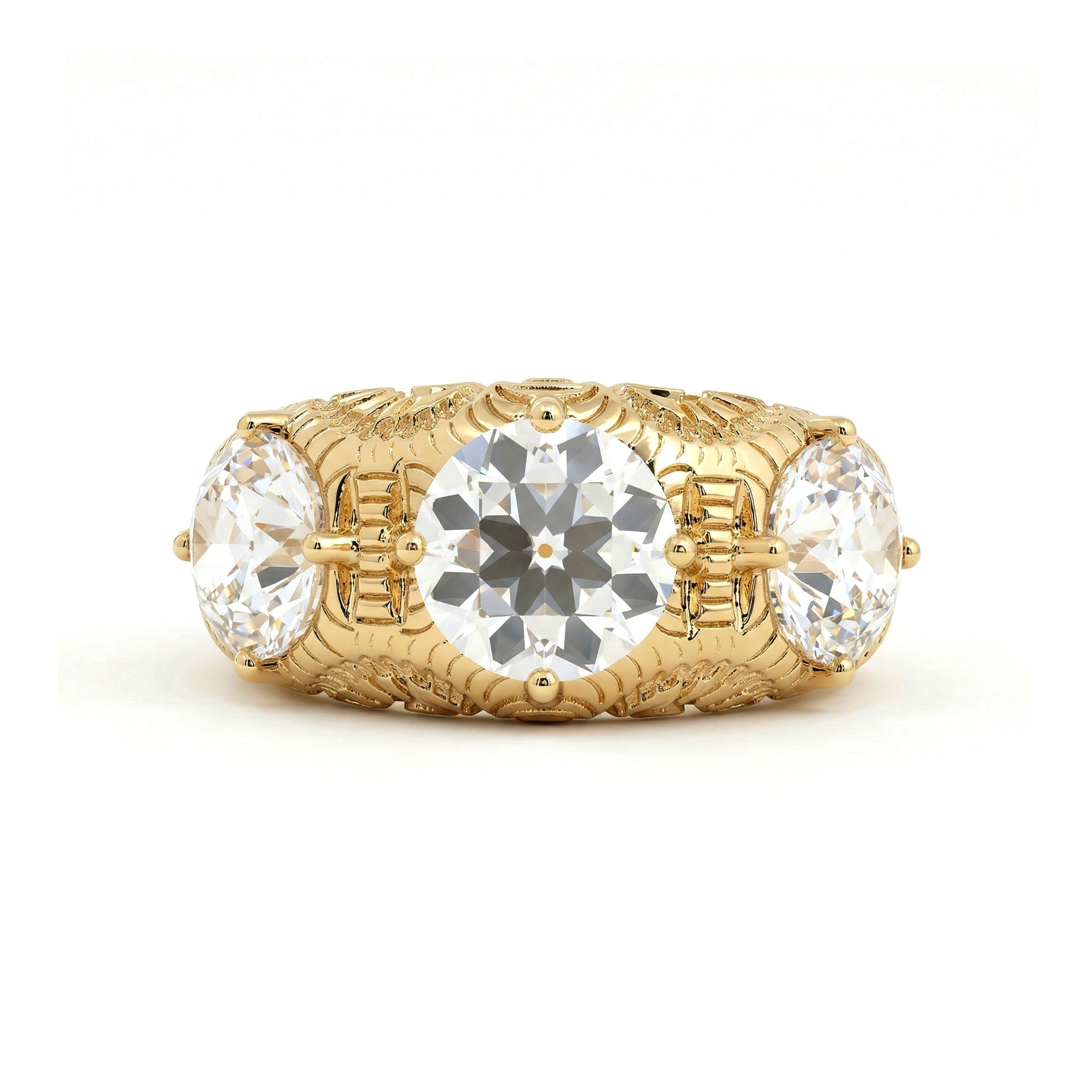 14K Yellow Gold 3.6CTW Old European Cut Lab Diamond Vintage Style Hand - engraved Three Stone Ring - MMR