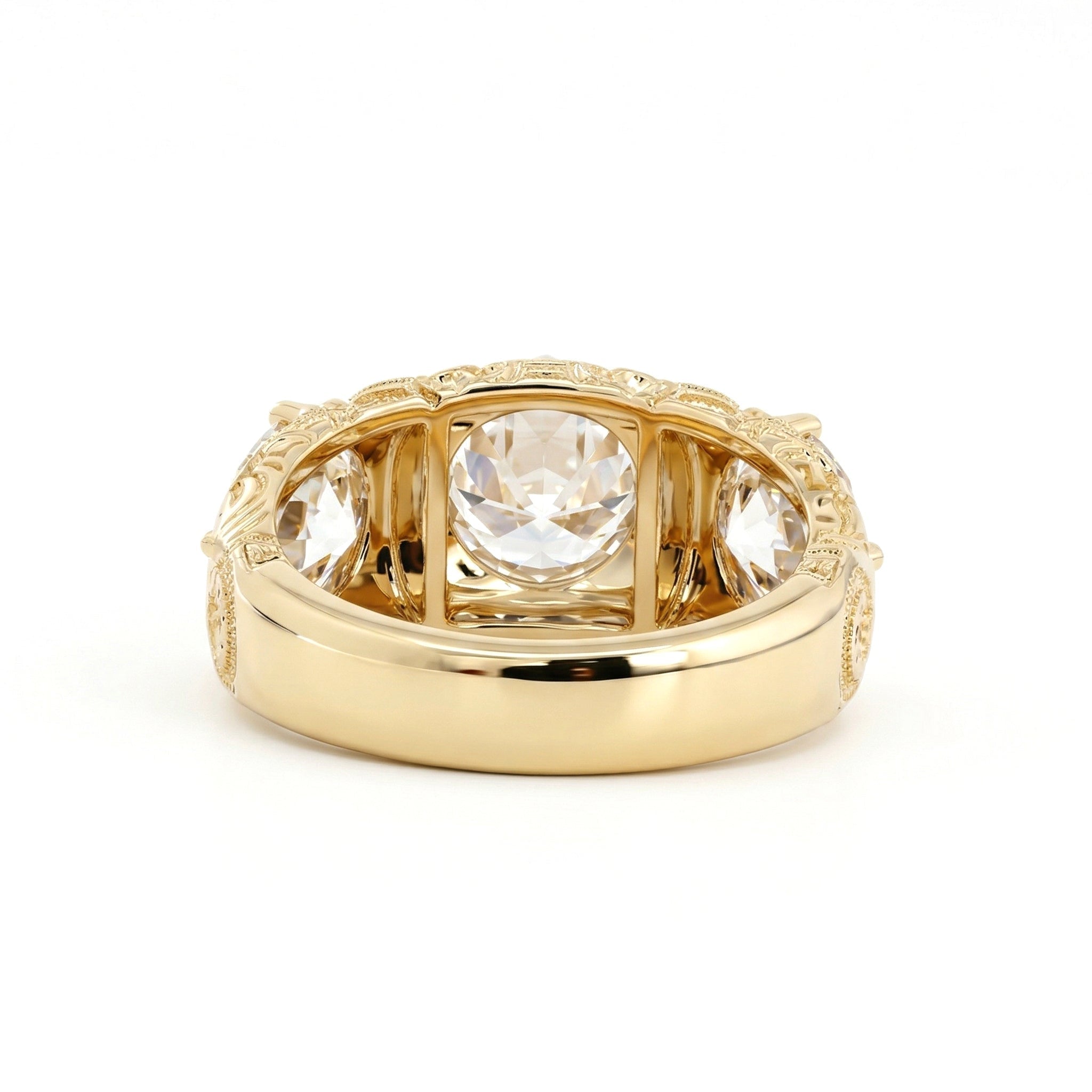 14K Yellow Gold 3.6CTW Old European Cut Lab Diamond Vintage Style Hand - engraved Three Stone Ring - MMR
