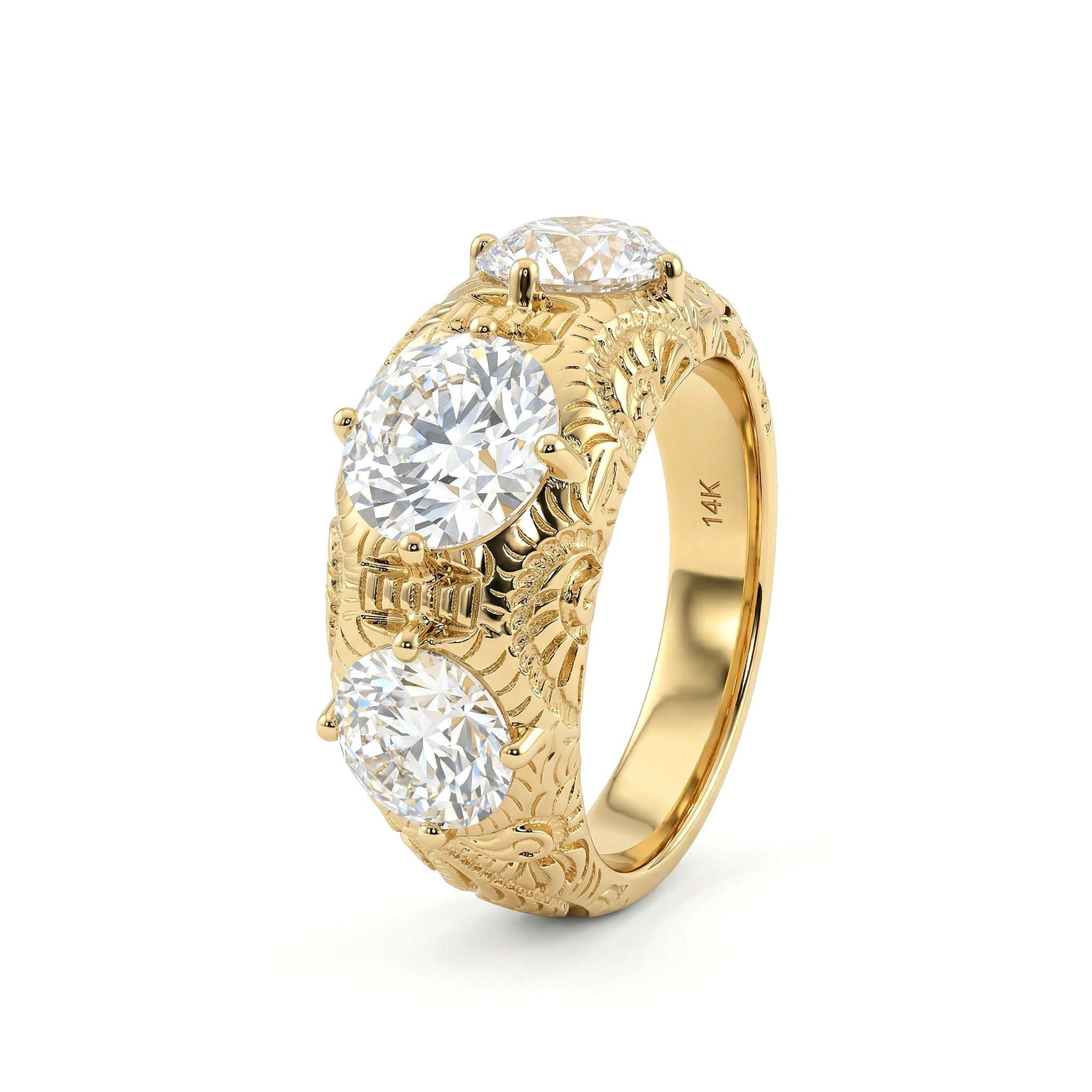 14K Yellow Gold 3.6CTW Old European Cut Lab Diamond Vintage Style Hand - engraved Three Stone Ring - MMR