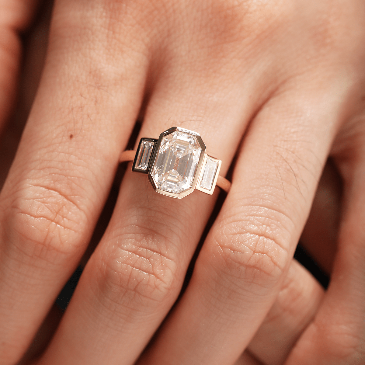 14K Yellow Gold 3ct Antique Emerald Cut Lab Diamond Bezel Three Stone Ring with Baguette Cut Lab Diamond Side - stones - MMR