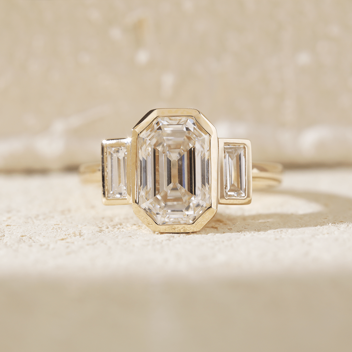 14K Yellow Gold 3ct Antique Emerald Cut Lab Diamond Bezel Three Stone Ring with Baguette Cut Lab Diamond Side - stones - MMR