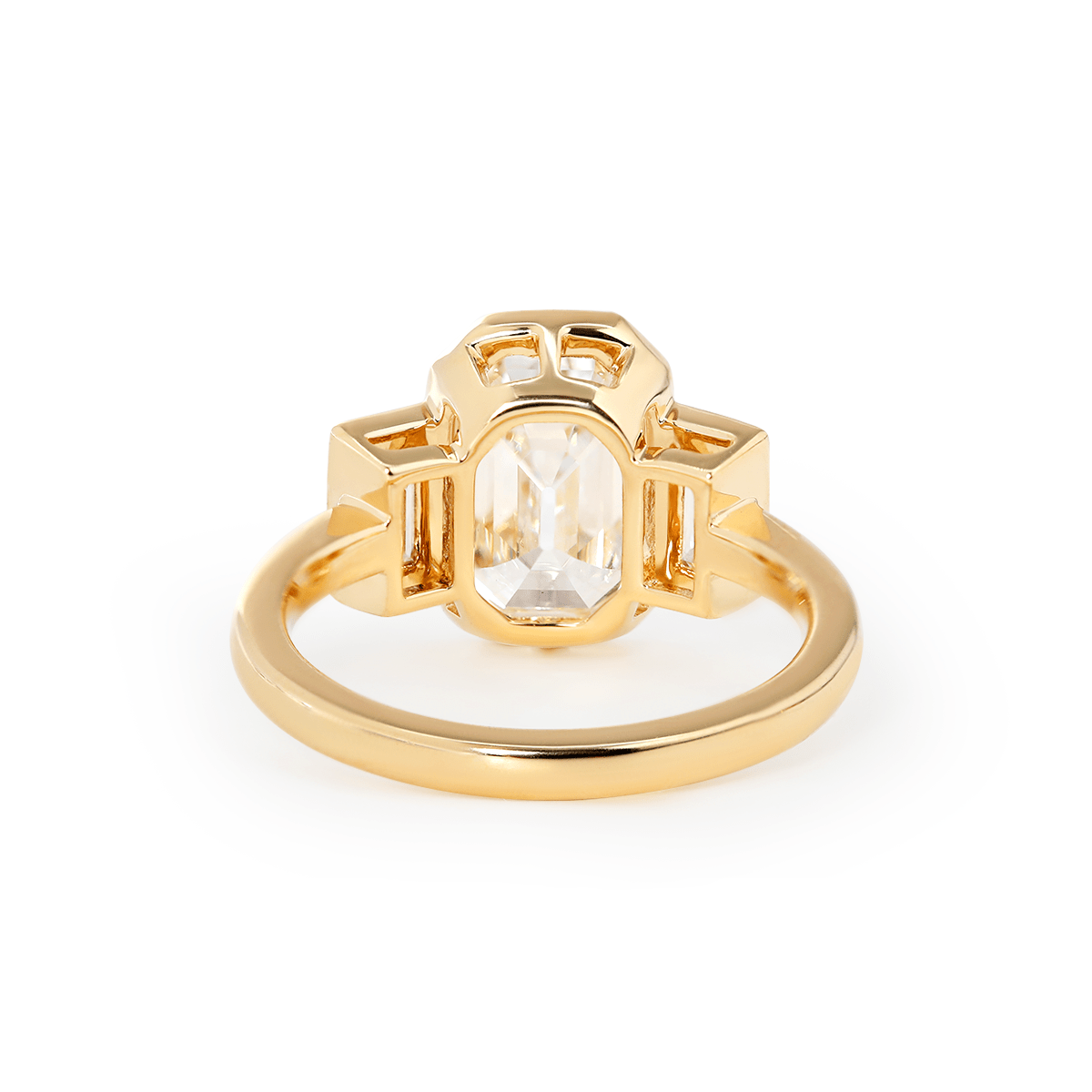 14K Yellow Gold 3ct Antique Emerald Cut Lab Diamond Bezel Three Stone Ring with Baguette Cut Lab Diamond Side - stones - MMR