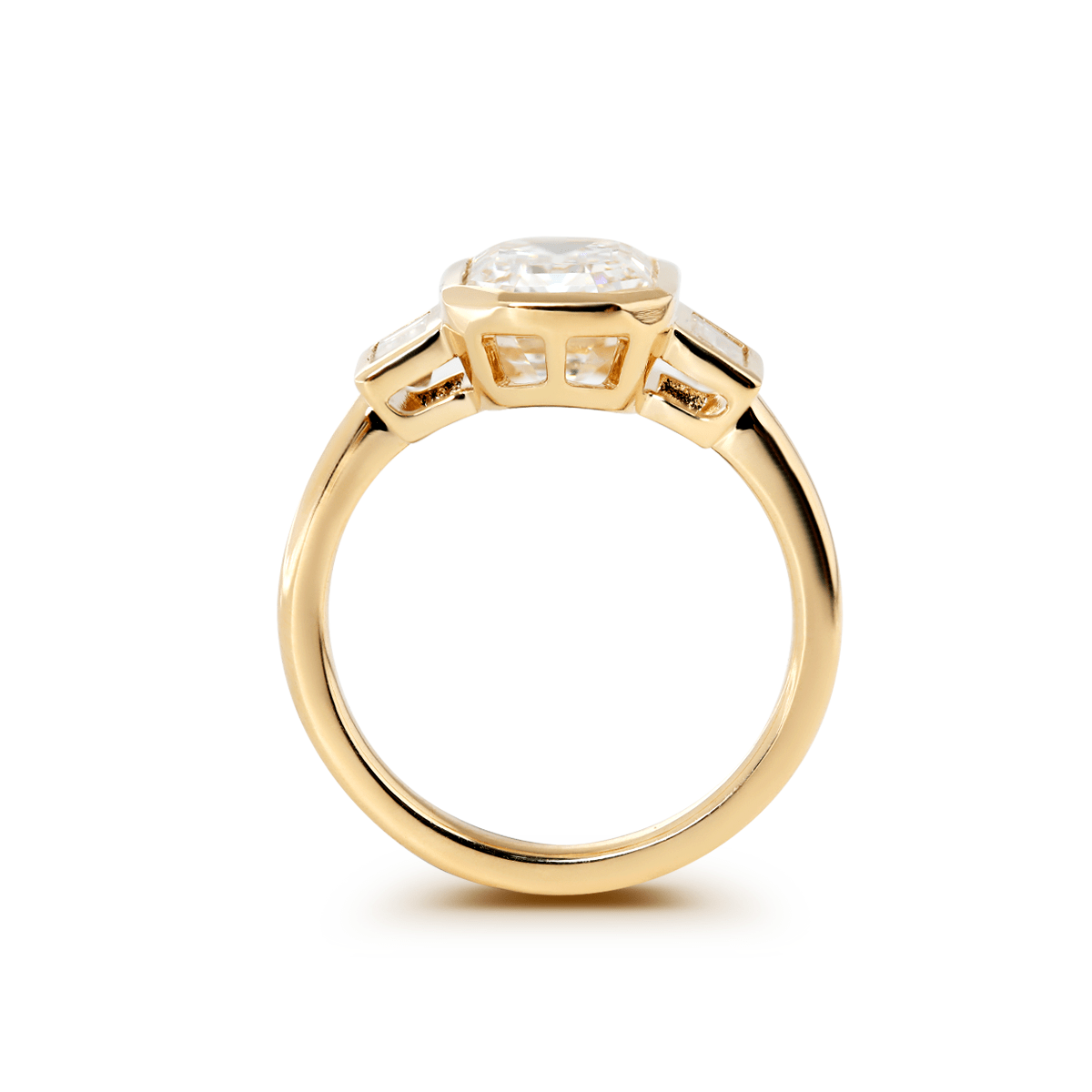 14K Yellow Gold 3ct Antique Emerald Cut Lab Diamond Bezel Three Stone Ring with Baguette Cut Lab Diamond Side - stones - MMR