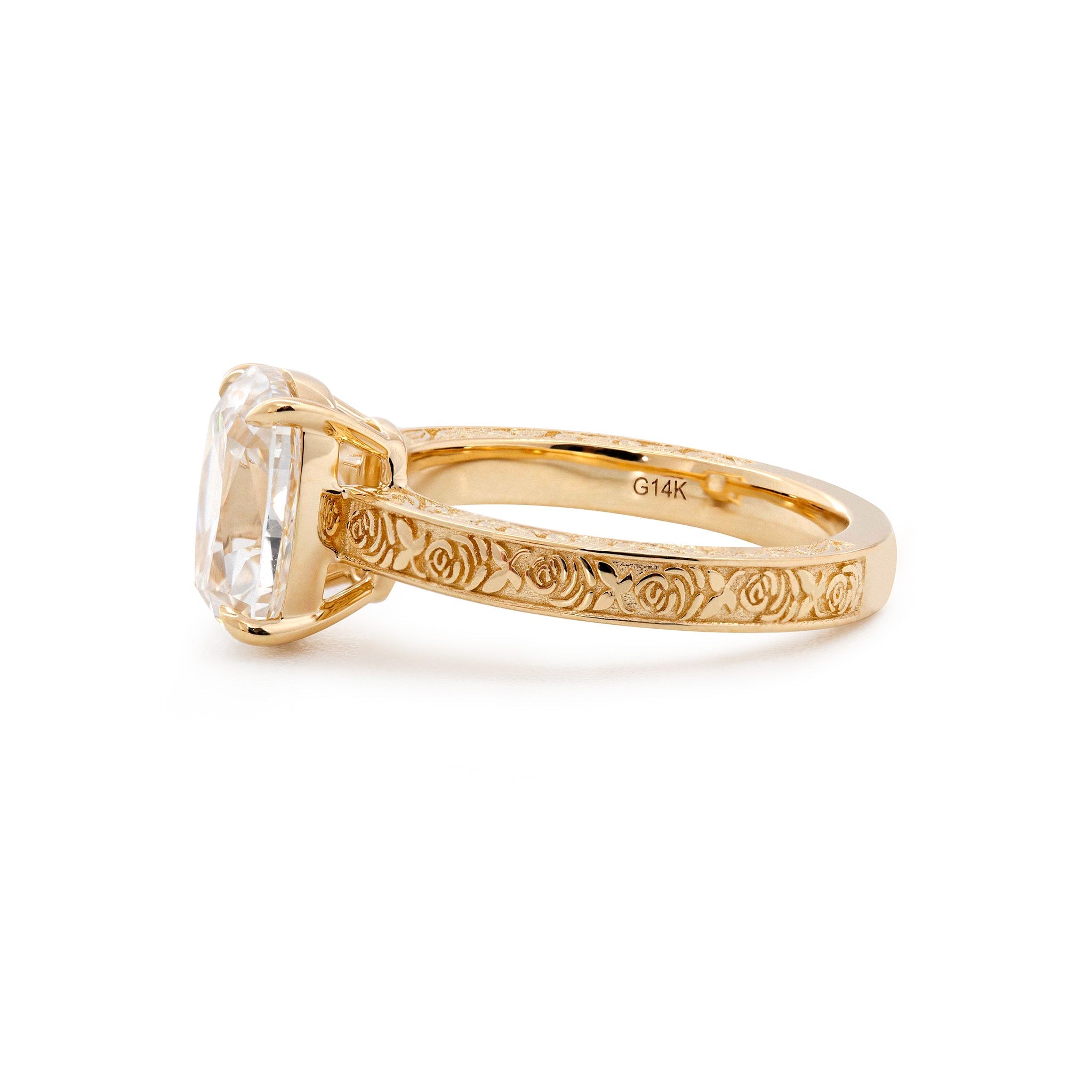 14K Yellow Gold 3CT Cushion Old Mine Cut Lab Diamond Basket Set Vintage Hand Engraved Band Ring - MMR