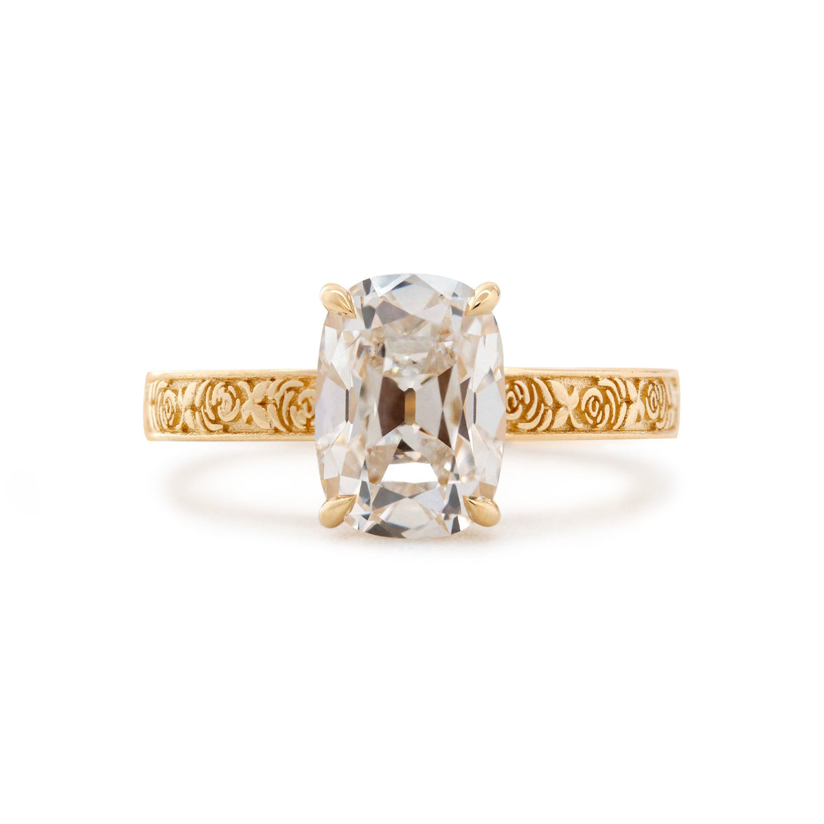 14K Yellow Gold 3CT Cushion Old Mine Cut Lab Diamond Basket Set Vintage Hand Engraved Band Ring - MMR