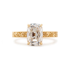 14K Yellow Gold 3CT Cushion Old Mine Cut Lab Diamond Basket Set Vintage Hand Engraved Band Ring - MMR