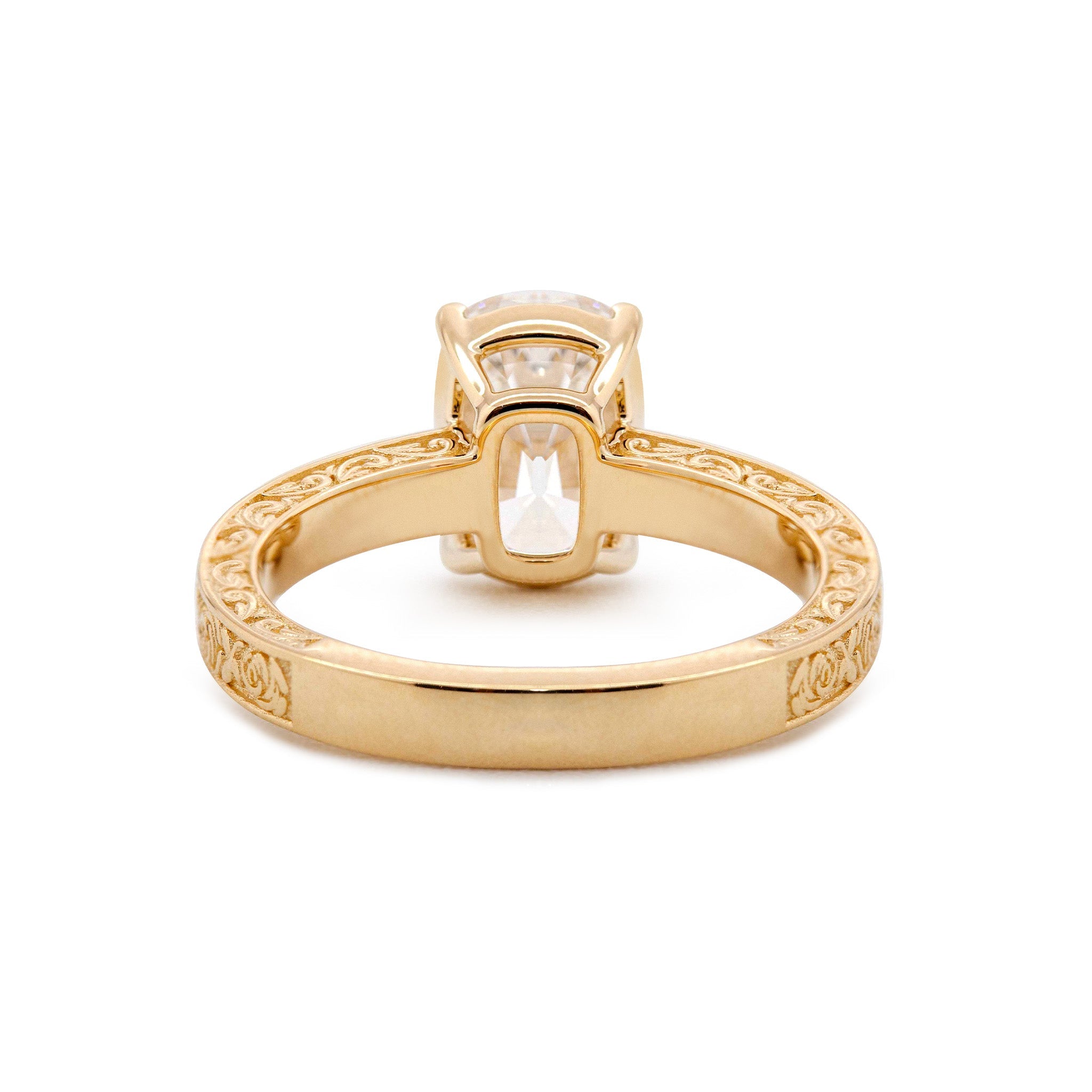 14K Yellow Gold 3CT Cushion Old Mine Cut Lab Diamond Basket Set Vintage Hand Engraved Band Ring - MMR