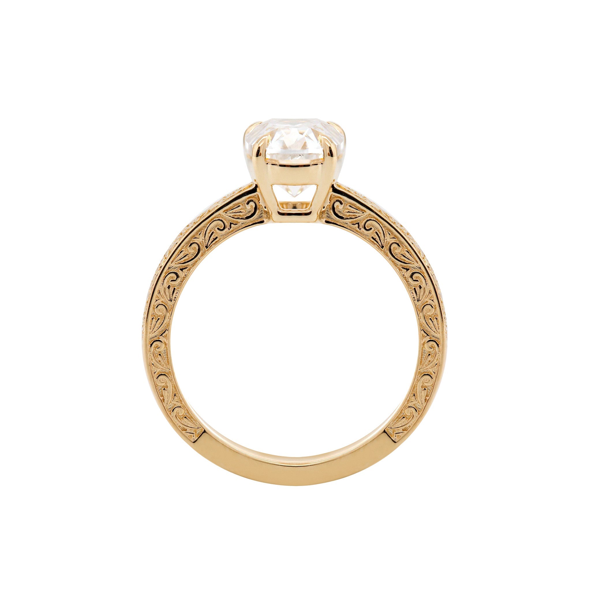 14K Yellow Gold 3CT Cushion Old Mine Cut Lab Diamond Basket Set Vintage Hand Engraved Band Ring - MMR