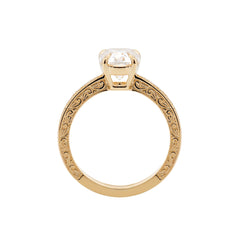 14K Yellow Gold 3CT Cushion Old Mine Cut Lab Diamond Basket Set Vintage Hand Engraved Band Ring - MMR
