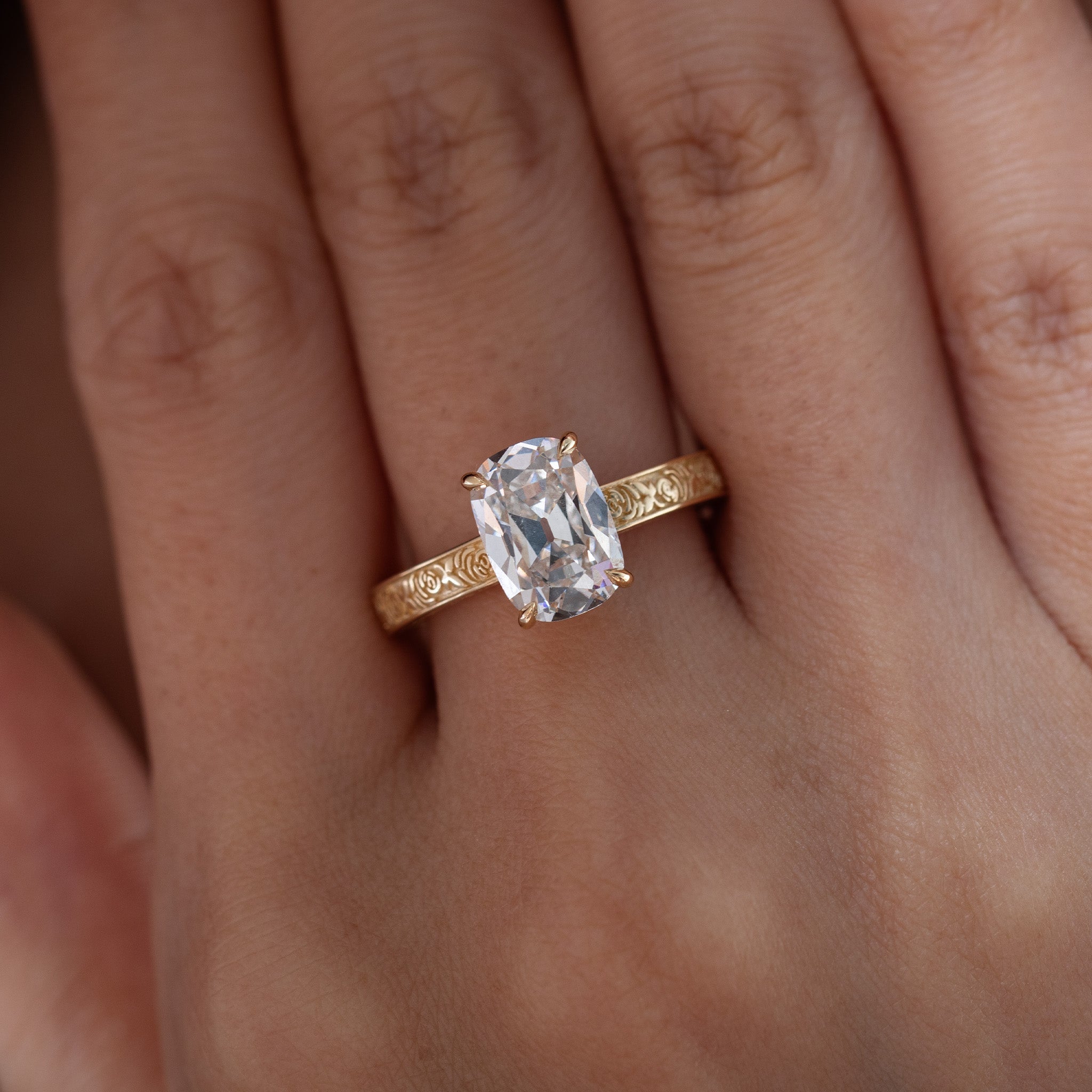 14K Yellow Gold 3CT Cushion Old Mine Cut Lab Diamond Basket Set Vintage Hand Engraved Band Ring - MMR
