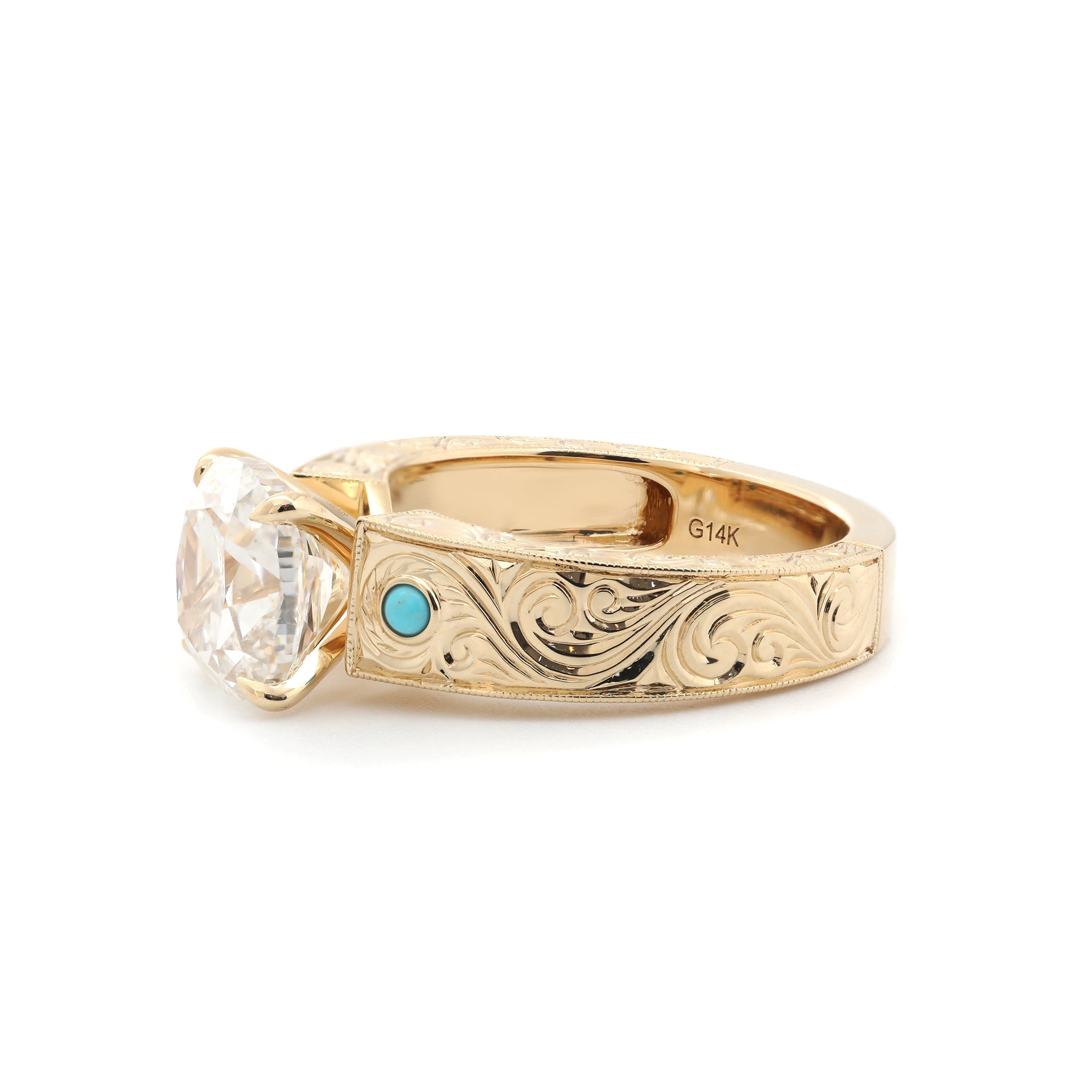 14K Yellow Gold 3CT Cushion Old Mine Cut Lab Diamond Wide Band Design Ring Paired with Turquoise - MMR