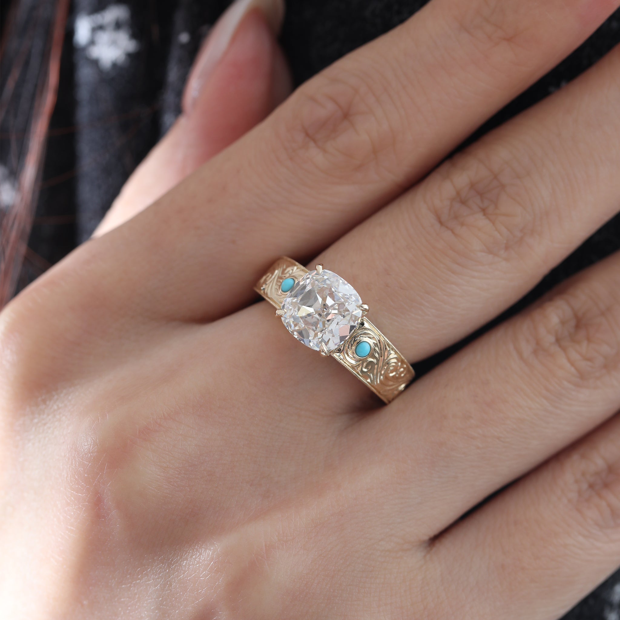 14K Yellow Gold 3CT Cushion Old Mine Cut Lab Diamond Wide Band Design Ring Paired with Turquoise - MMR