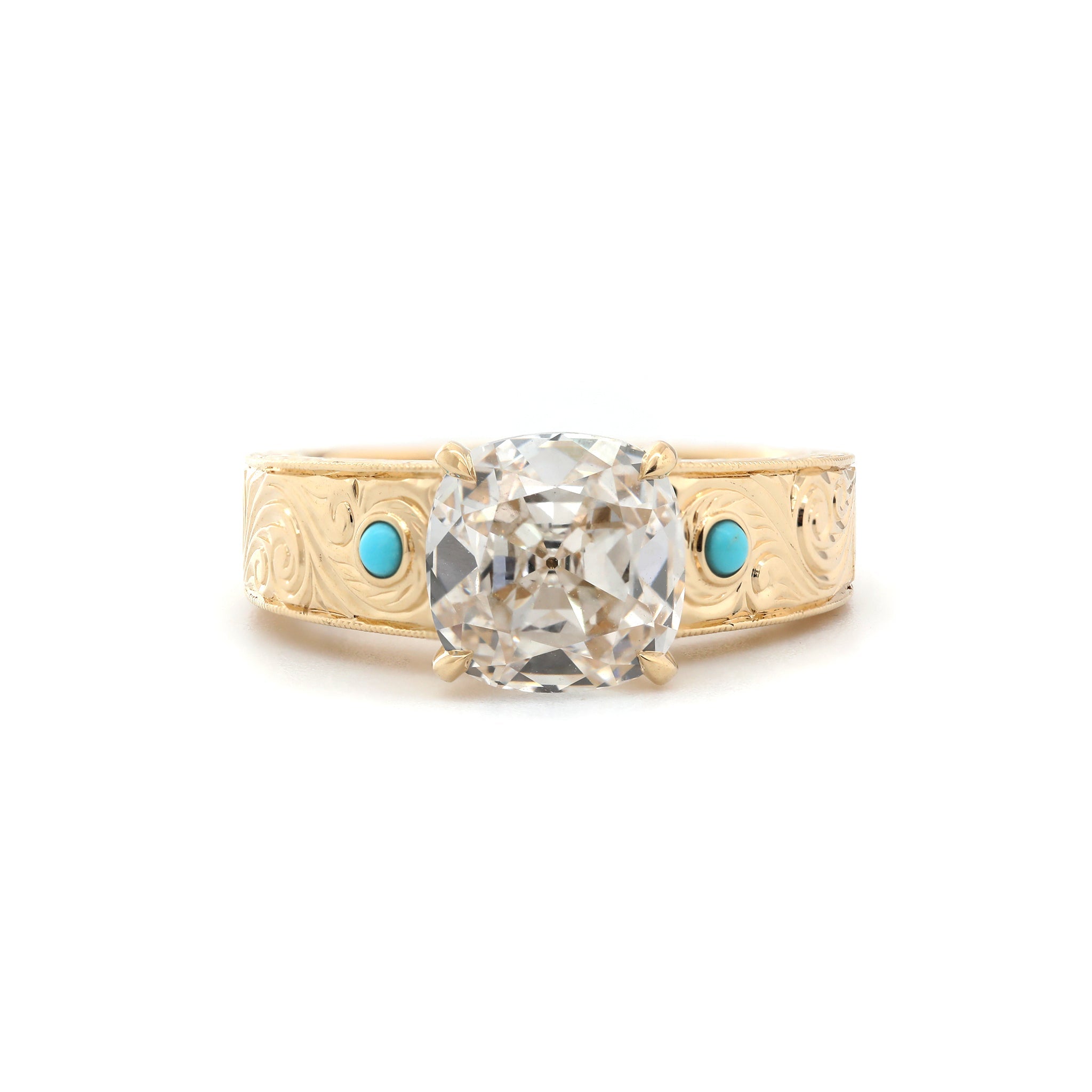 14K Yellow Gold 3CT Cushion Old Mine Cut Lab Diamond Wide Band Design Ring Paired with Turquoise - MMR