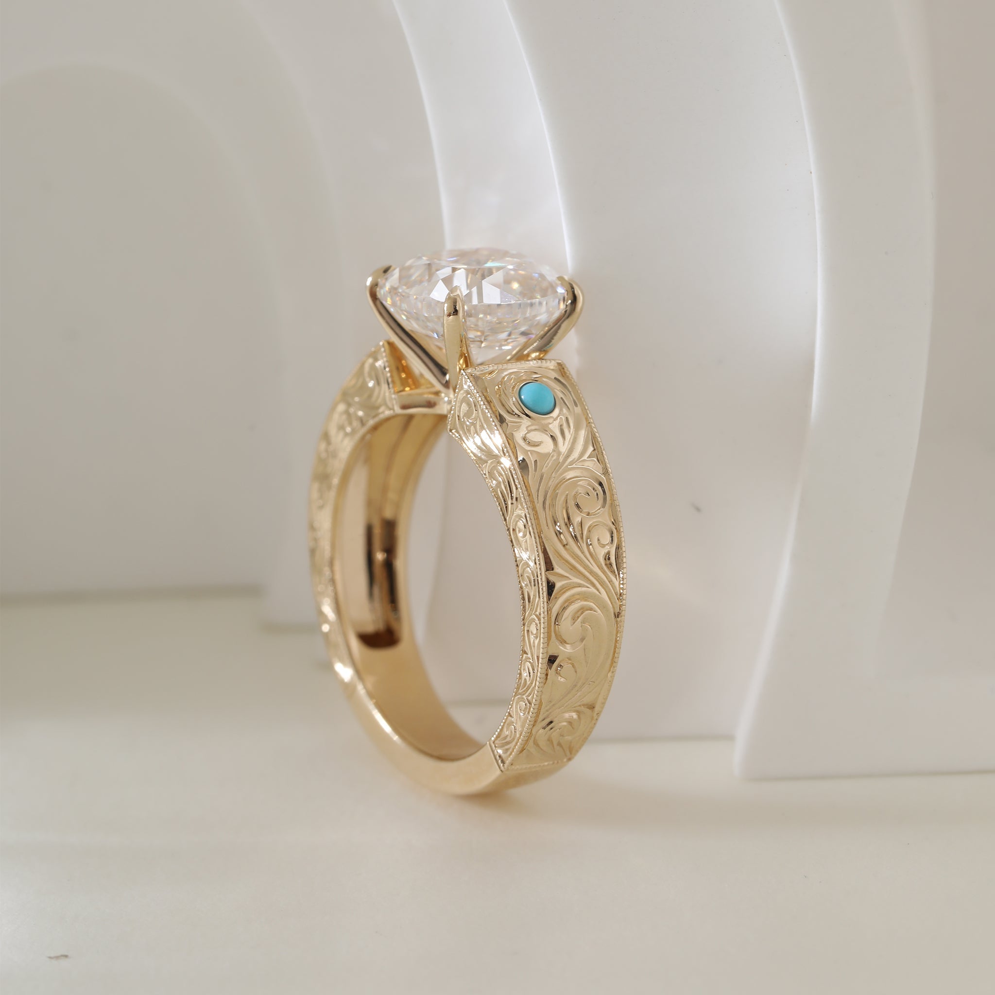14K Yellow Gold 3CT Cushion Old Mine Cut Lab Diamond Wide Band Design Ring Paired with Turquoise - MMR