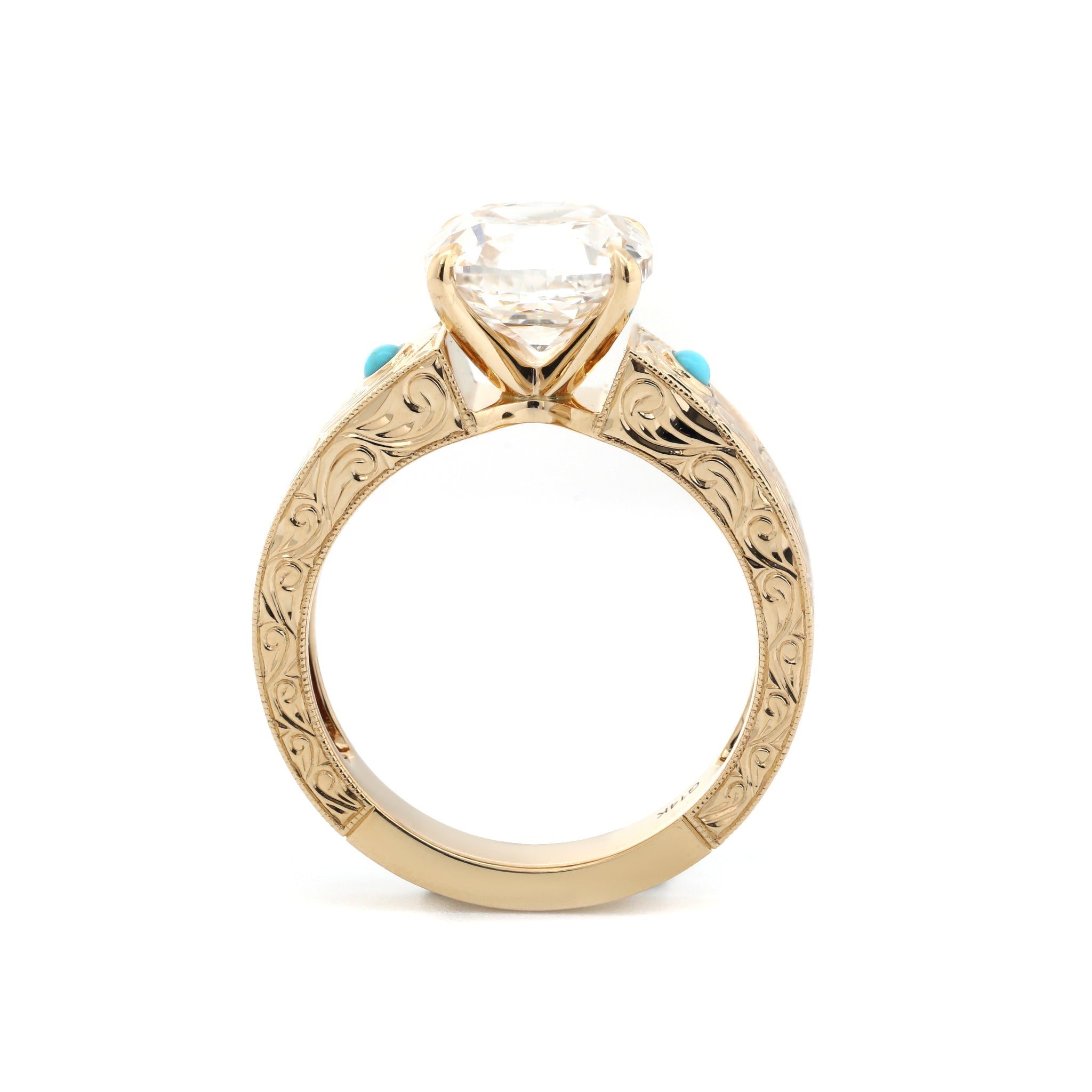 14K Yellow Gold 3CT Cushion Old Mine Cut Lab Diamond Wide Band Design Ring Paired with Turquoise - MMR