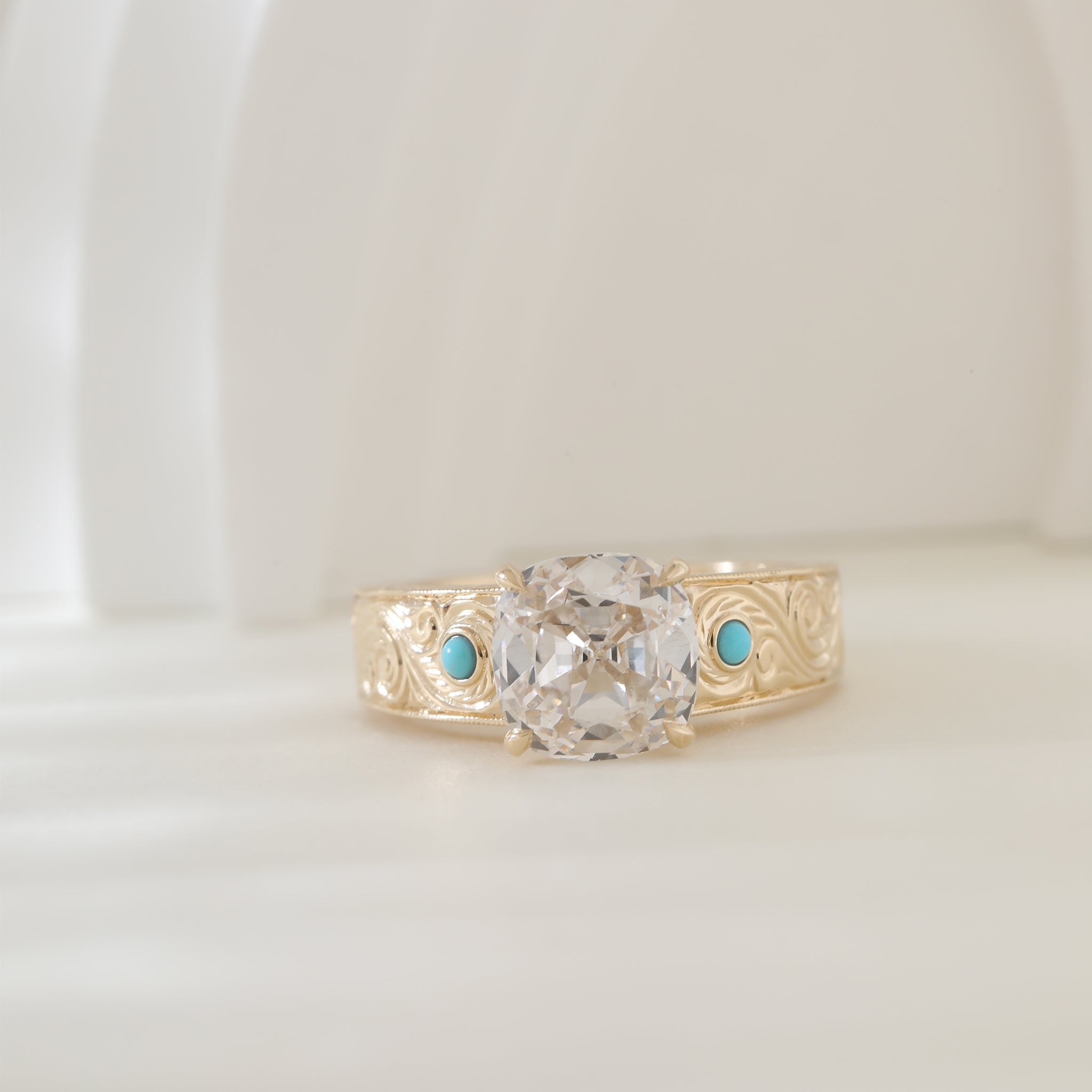 14K Yellow Gold 3CT Cushion Old Mine Cut Lab Diamond Wide Band Design Ring Paired with Turquoise - MMR