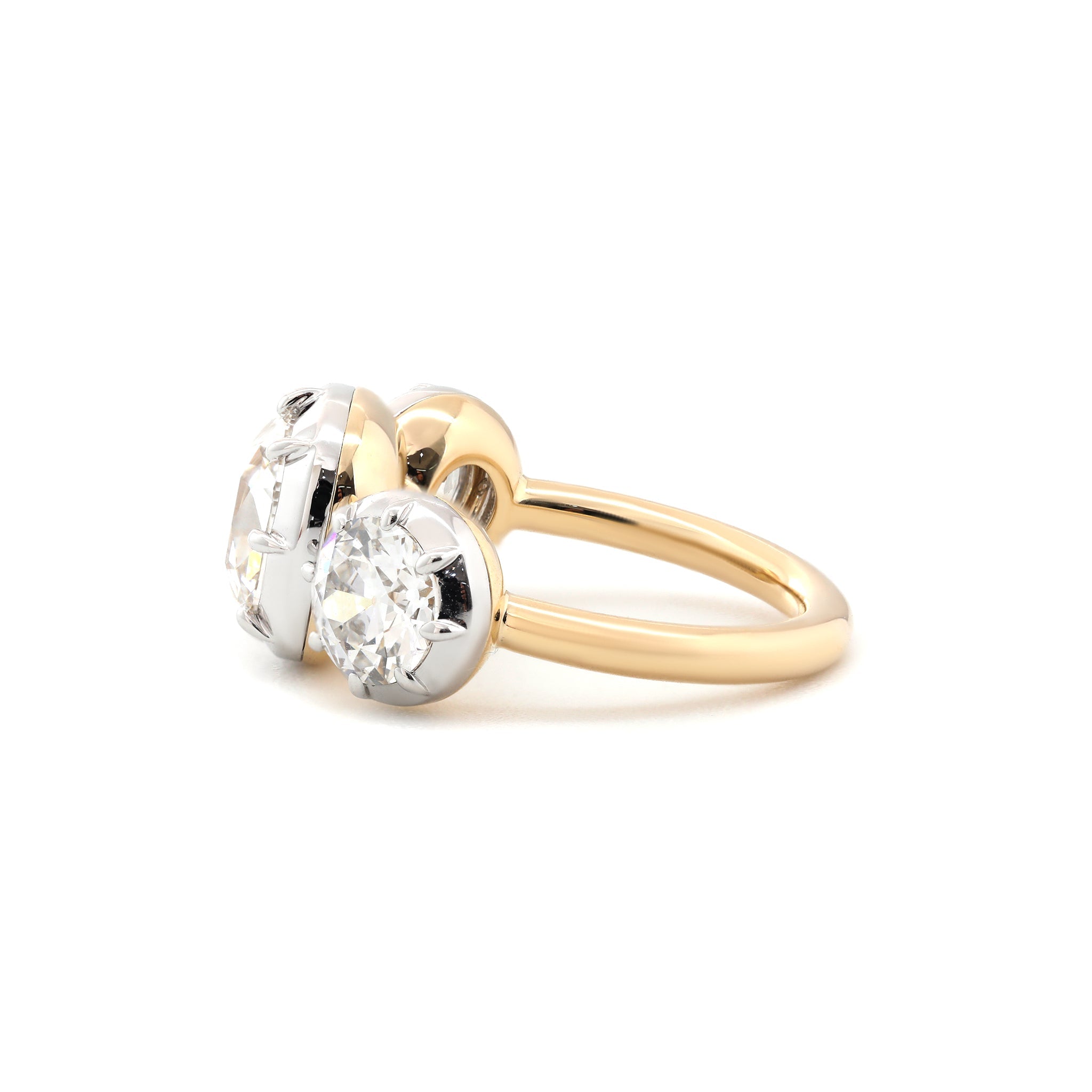 14K Yellow Gold 3CT Cushion Old Mine Cut Three - Stone White Rhodium Bezel - Set Ring with OEC Side Diamonds - MMR