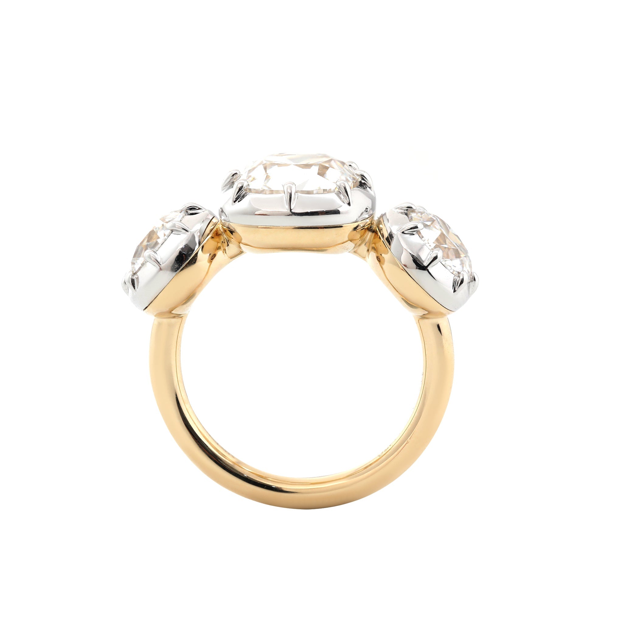 14K Yellow Gold 3CT Cushion Old Mine Cut Three - Stone White Rhodium Bezel - Set Ring with OEC Side Diamonds - MMR