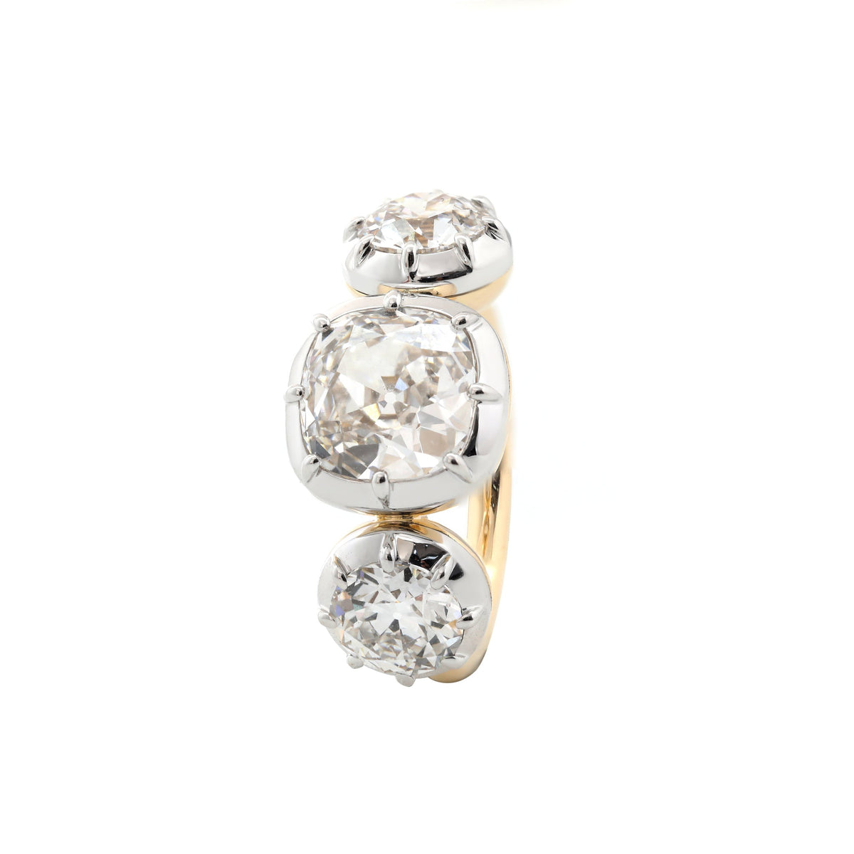 14K Yellow Gold 3CT Cushion Old Mine Cut Three - Stone White Rhodium Bezel - Set Ring with OEC Side Diamonds - MMR
