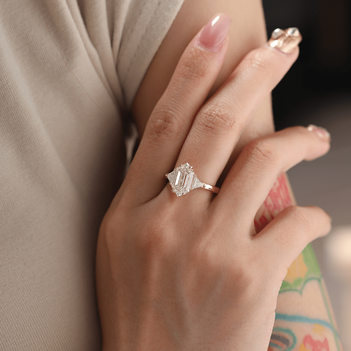 14K Yellow Gold 3ct Elongated Hexagonal Step Cut Lab Diamond Victoran - Style Three Stone Ring with Triangle Side - stone - MMR