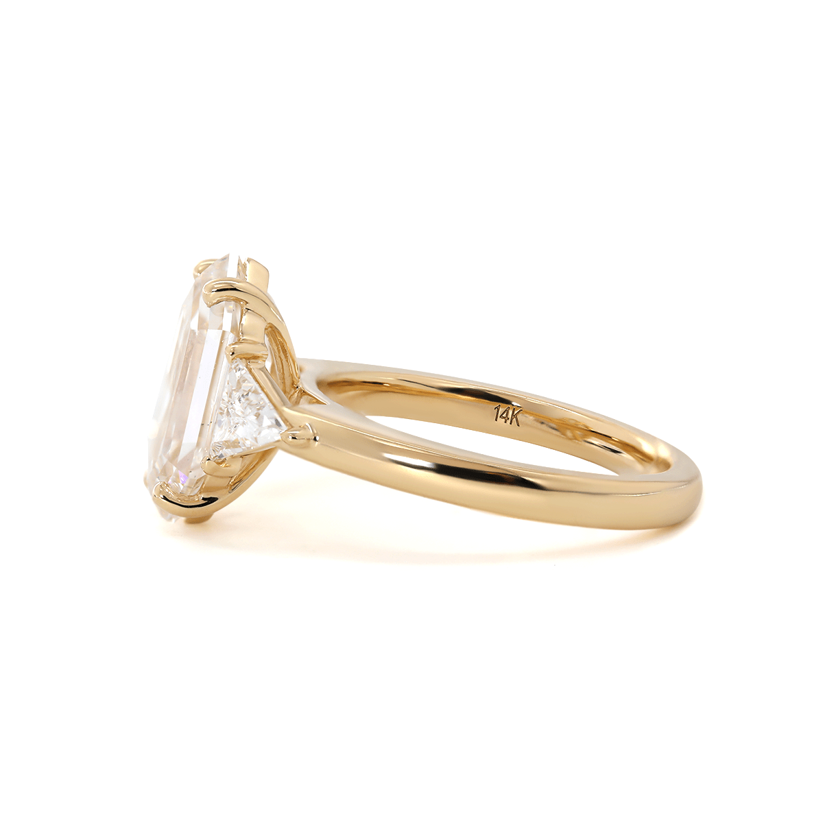 14K Yellow Gold 3ct Elongated Hexagonal Step Cut Lab Diamond Victoran - Style Three Stone Ring with Triangle Side - stone - MMR