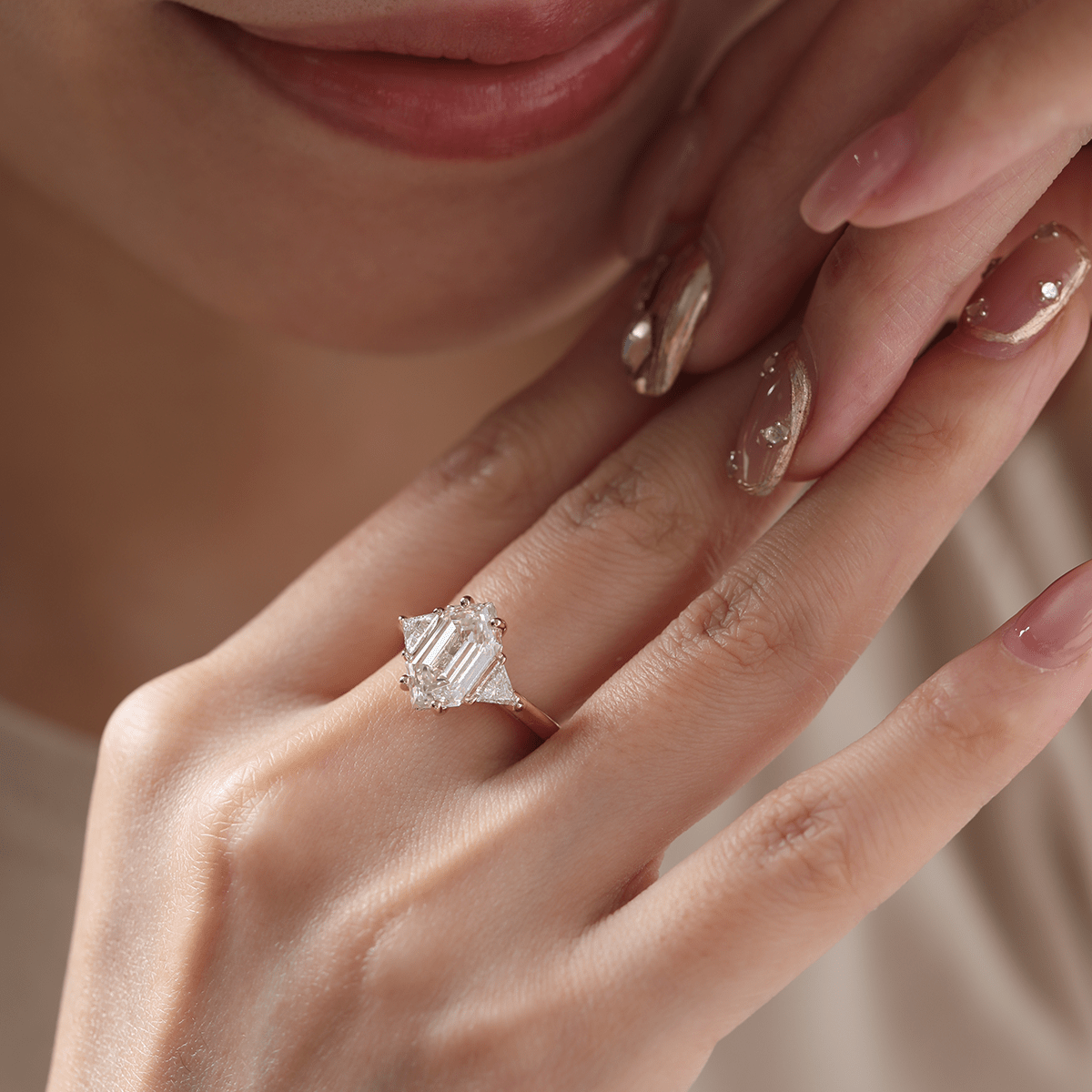 14K Yellow Gold 3ct Elongated Hexagonal Step Cut Lab Diamond Victoran - Style Three Stone Ring with Triangle Side - stone - MMR