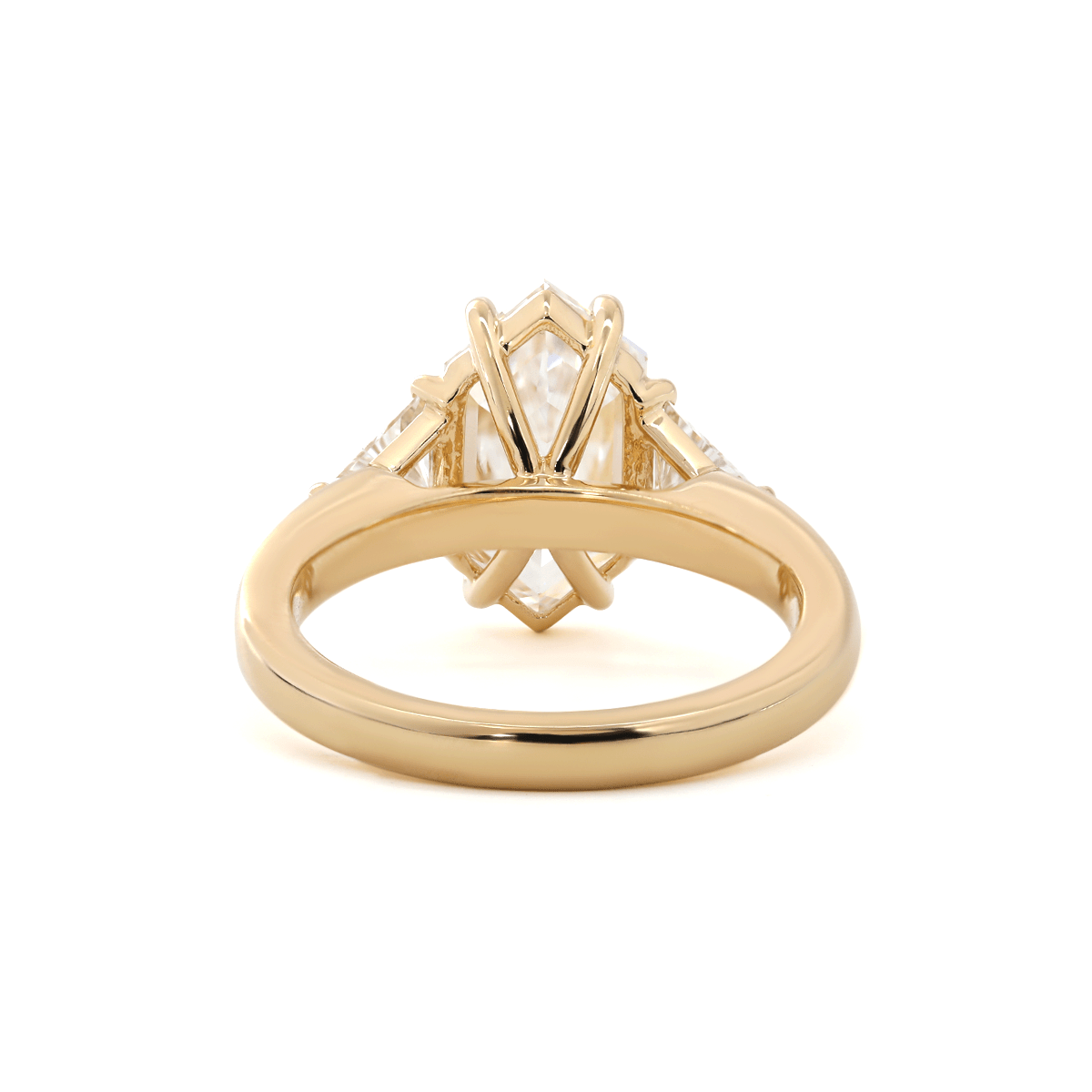 14K Yellow Gold 3ct Elongated Hexagonal Step Cut Lab Diamond Victoran - Style Three Stone Ring with Triangle Side - stone - MMR