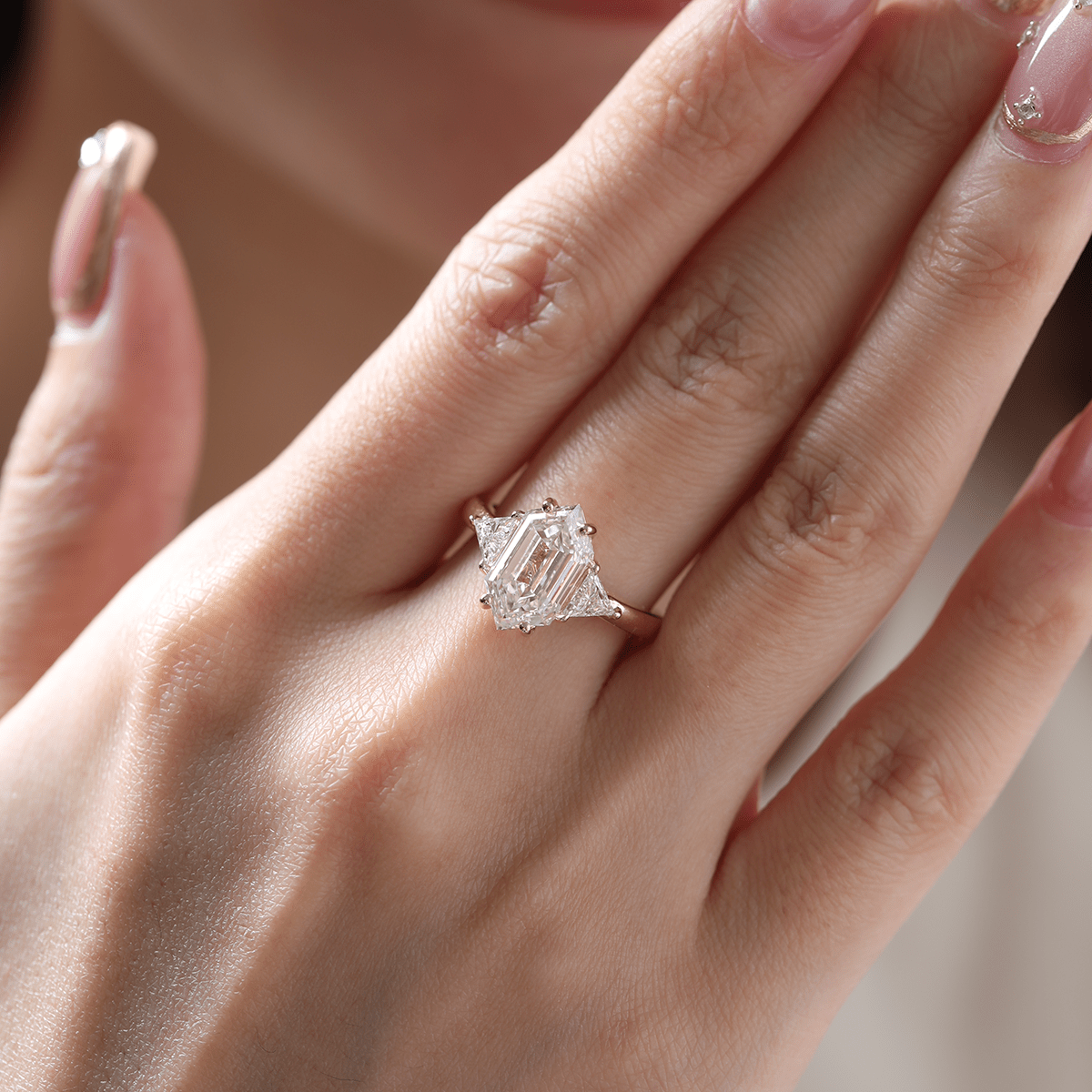 14K Yellow Gold 3ct Elongated Hexagonal Step Cut Lab Diamond Victoran - Style Three Stone Ring with Triangle Side - stone - MMR