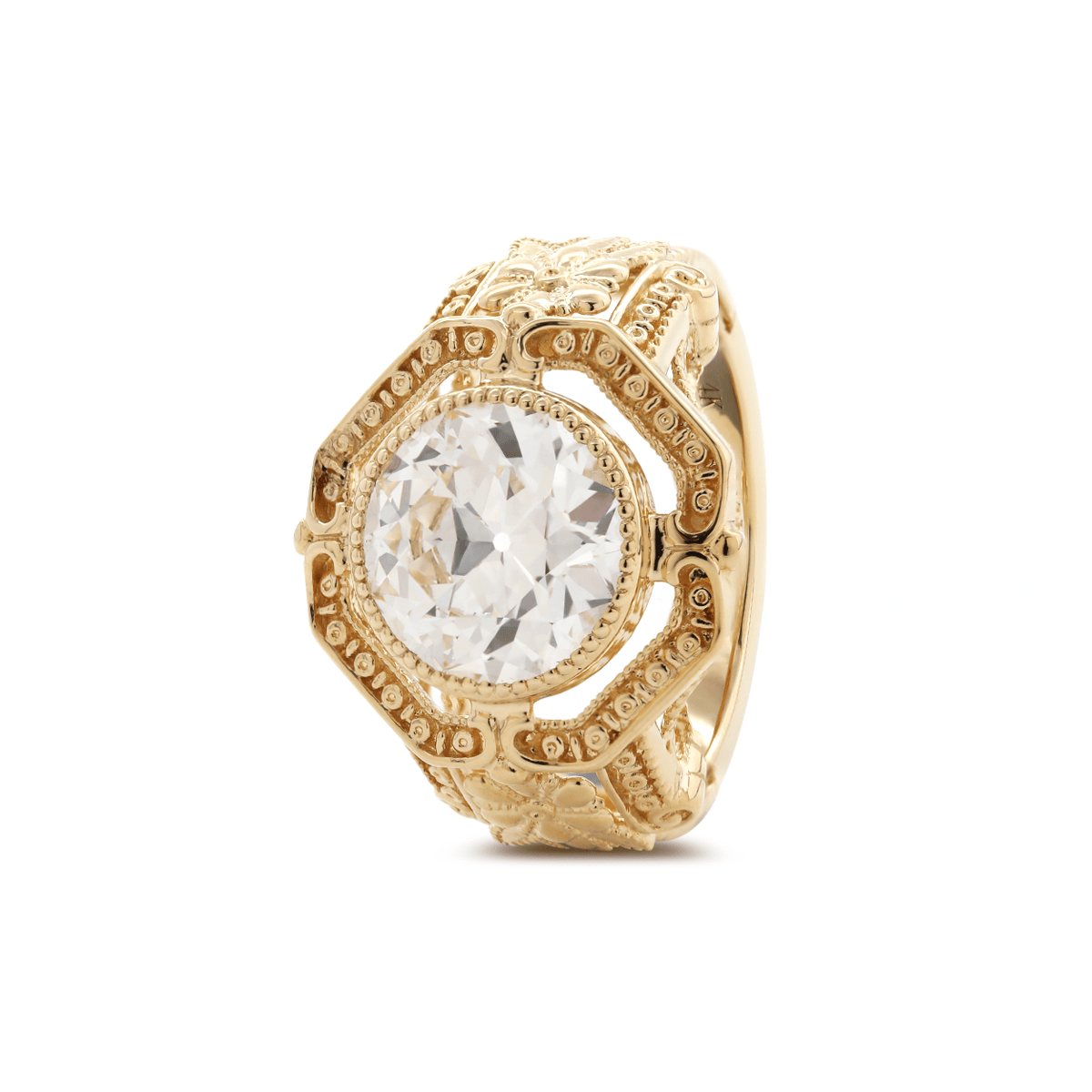 14K Yellow Gold 3ct Old European Cut Lab Diamond Millegrain Bezel Vintage Engraved Ring - Art Deco Style - MMR