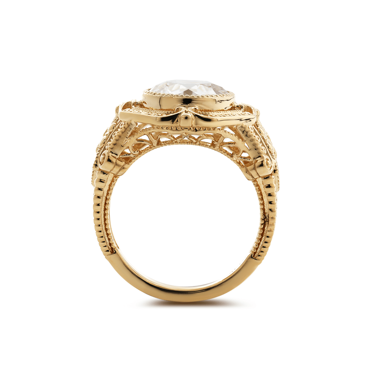 14K Yellow Gold 3ct Old European Cut Lab Diamond Millegrain Bezel Vintage Engraved Ring - Art Deco Style - MMR