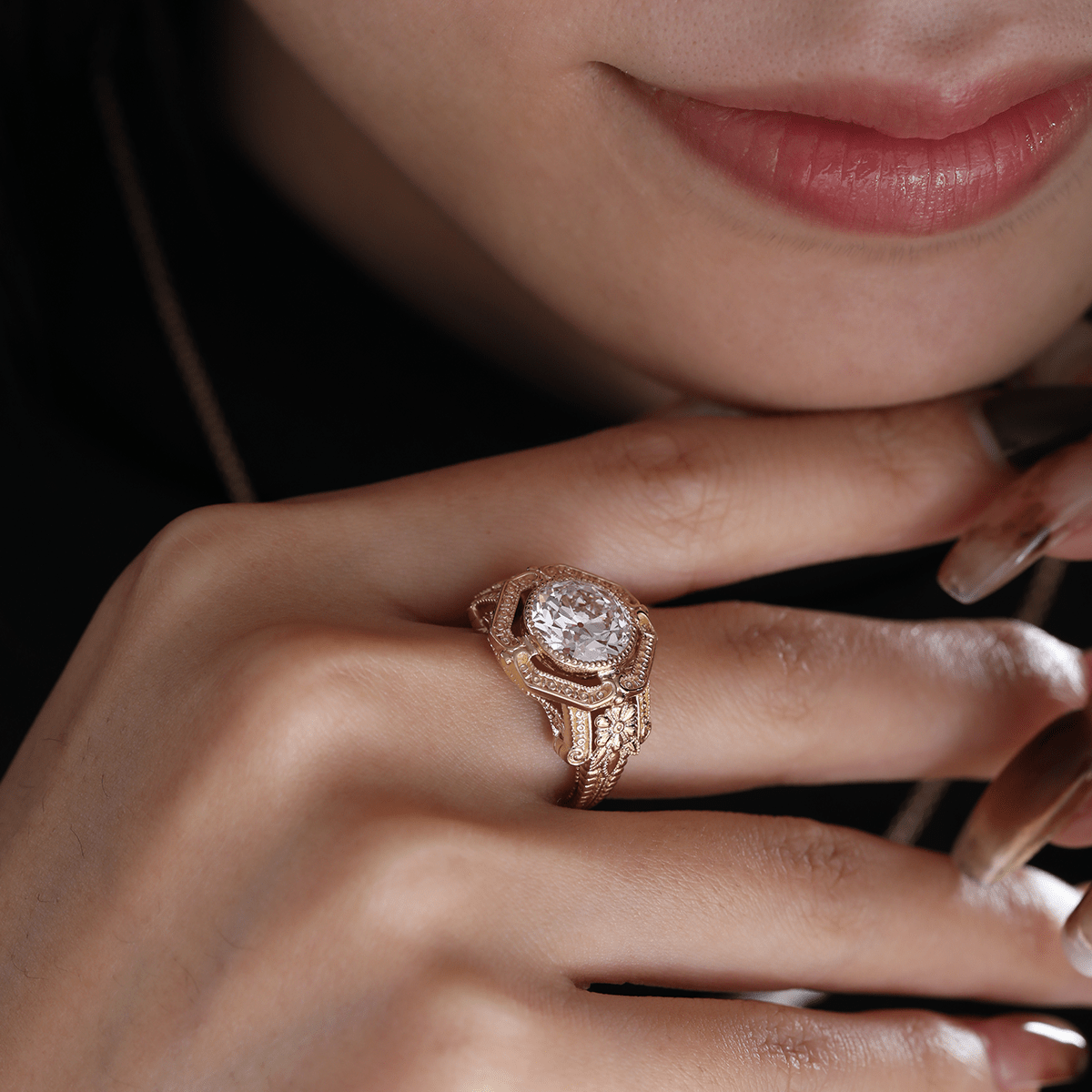 14K Yellow Gold 3ct Old European Cut Lab Diamond Millegrain Bezel Vintage Engraved Ring - Art Deco Style - MMR