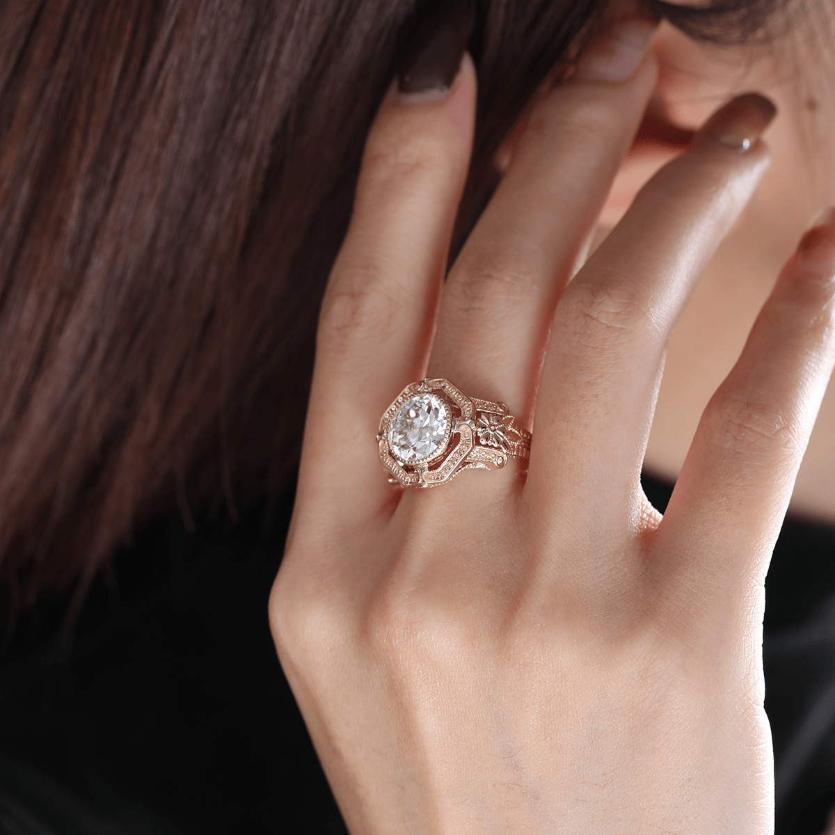 14K Yellow Gold 3ct Old European Cut Lab Diamond Millegrain Bezel Vintage Engraved Ring - Art Deco Style - MMR