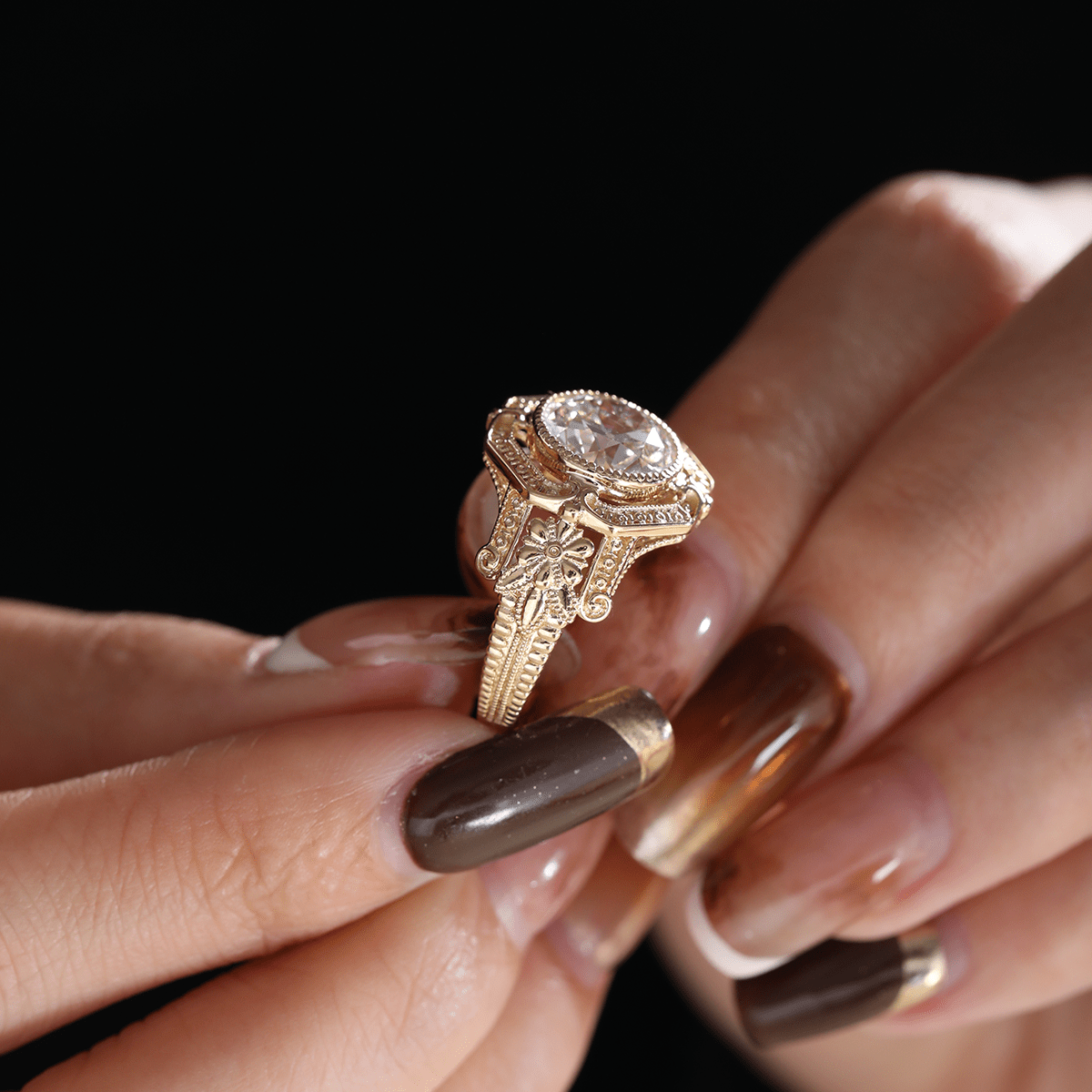 14K Yellow Gold 3ct Old European Cut Lab Diamond Millegrain Bezel Vintage Engraved Ring - Art Deco Style - MMR