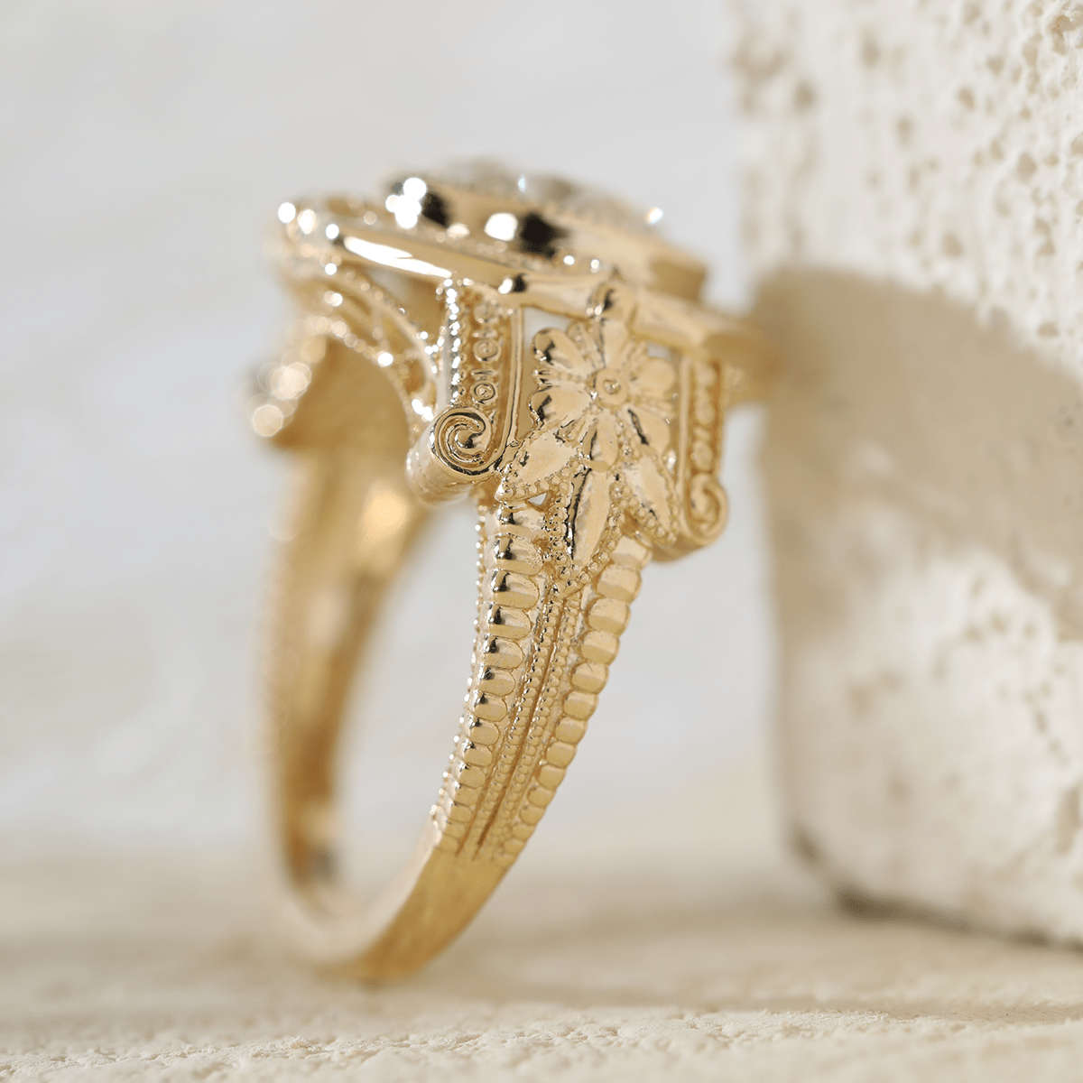 14K Yellow Gold 3ct Old European Cut Lab Diamond Millegrain Bezel Vintage Engraved Ring - Art Deco Style - MMR