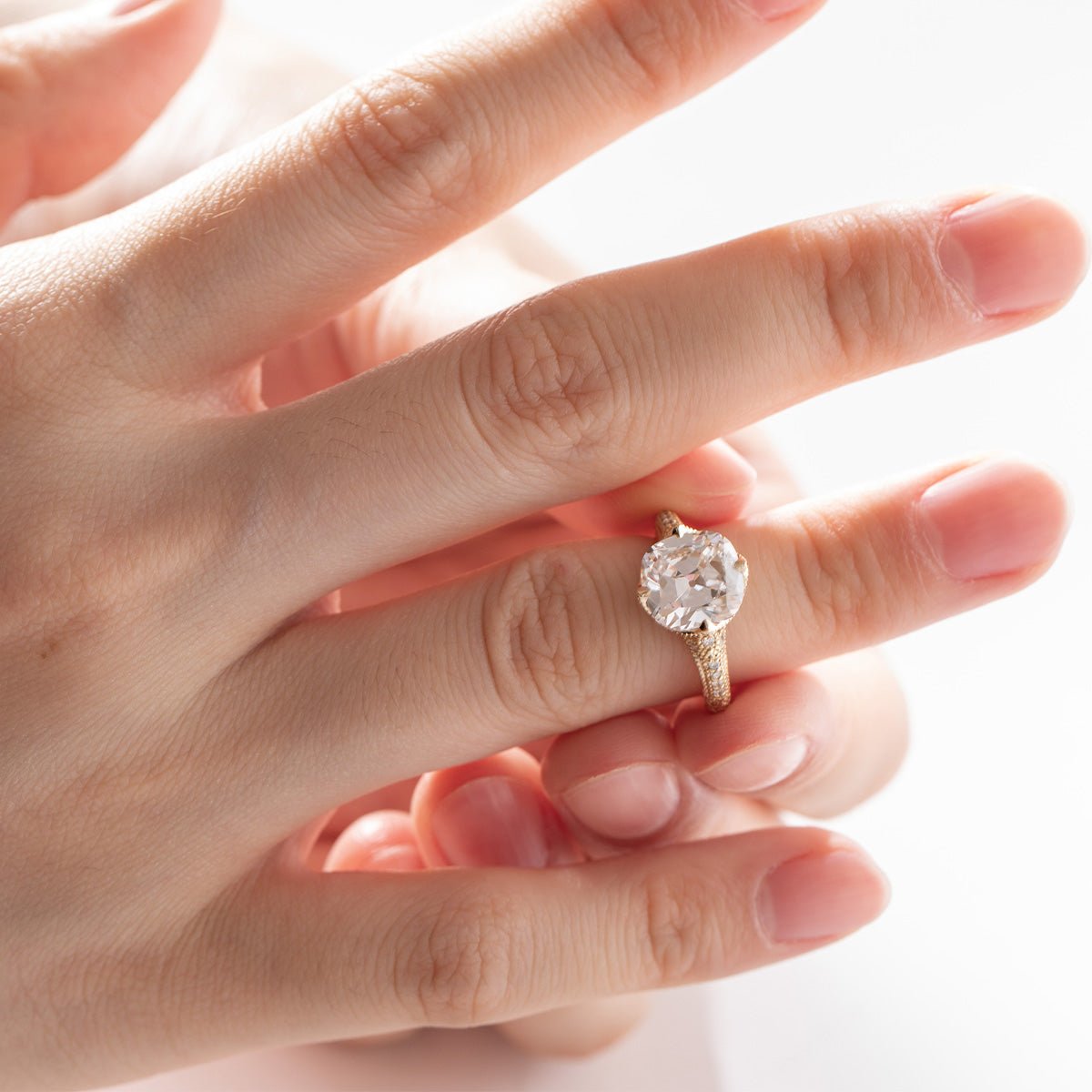 14K Yellow Gold 3ct Old Mine Cut Lab Diamond Crown Setting Diamond - milling Vintage Ring with Round Lab Diamond Side - stone - MMR