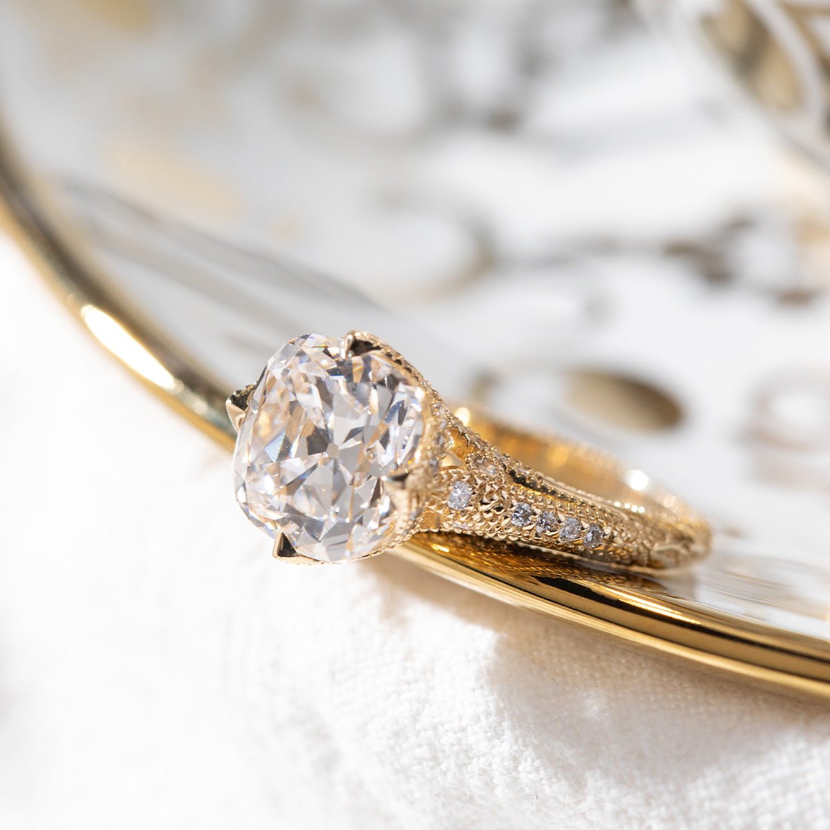 14K Yellow Gold 3ct Old Mine Cut Lab Diamond Crown Setting Diamond - milling Vintage Ring with Round Lab Diamond Side - stone - MMR