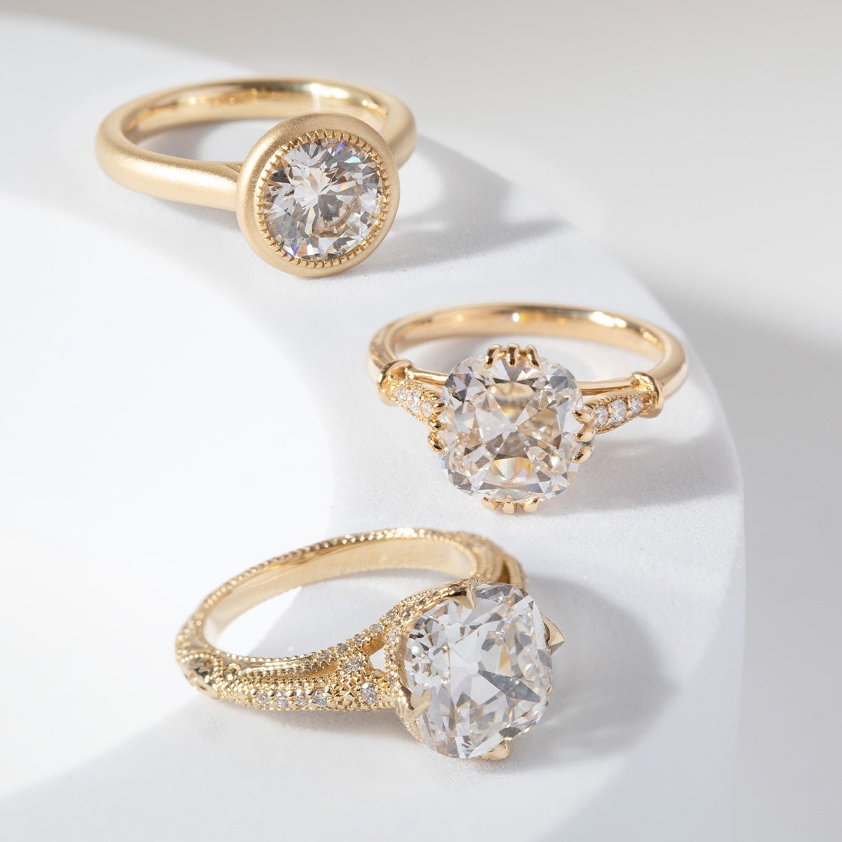 14K Yellow Gold 3ct Old Mine Cut Lab Diamond Crown Setting Diamond - milling Vintage Ring with Round Lab Diamond Side - stone - MMR