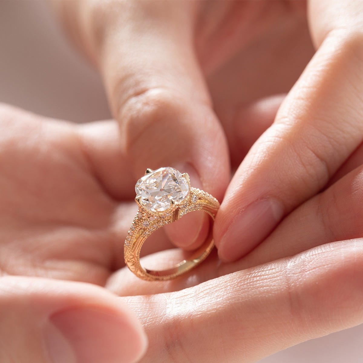 14K Yellow Gold 3ct Old Mine Cut Lab Diamond Crown Setting Diamond - milling Vintage Ring with Round Lab Diamond Side - stone - MMR