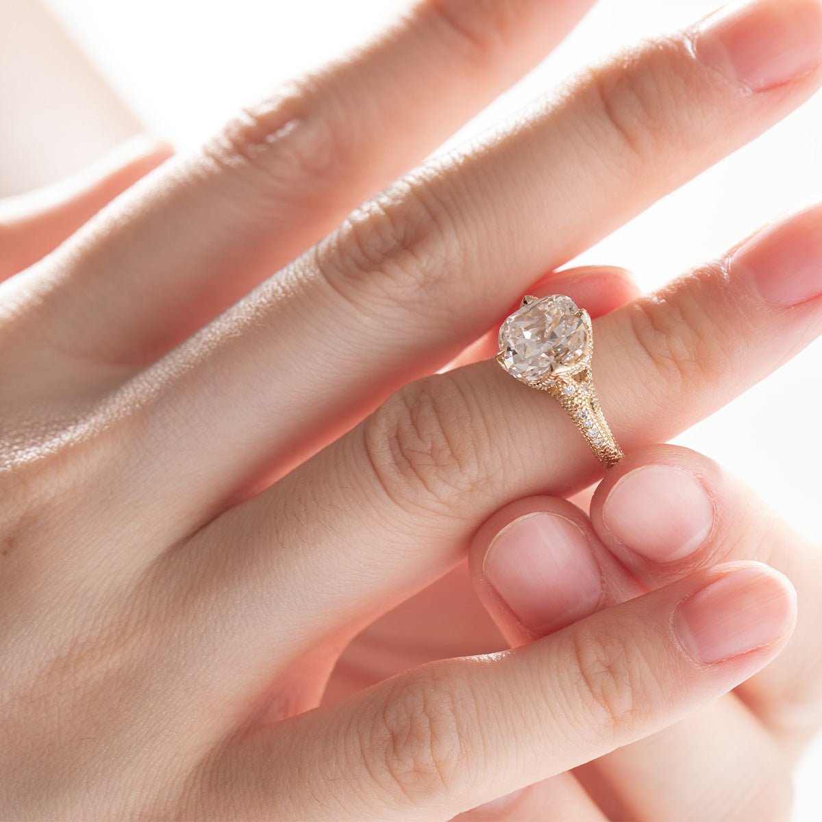 14K Yellow Gold 3ct Old Mine Cut Lab Diamond Crown Setting Diamond - milling Vintage Ring with Round Lab Diamond Side - stone - MMR