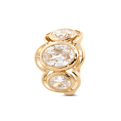 14K Yellow Gold 3ct Oval Old Mine Cut Lab Diamond Victoran - Style Millegrain Bezel Three Stone Ring - MMR
