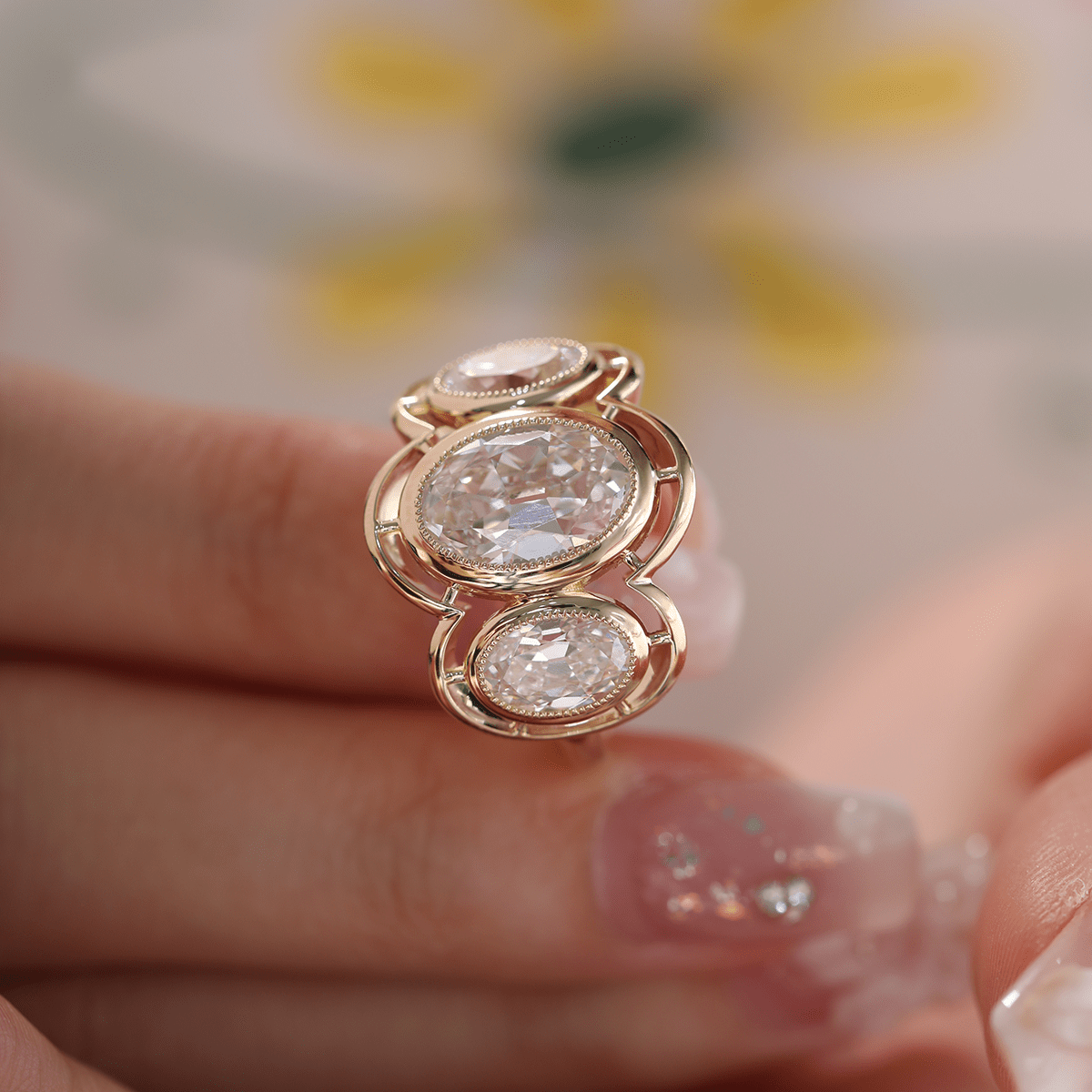 14K Yellow Gold 3ct Oval Old Mine Cut Lab Diamond Victoran - Style Millegrain Bezel Three Stone Ring - MMR