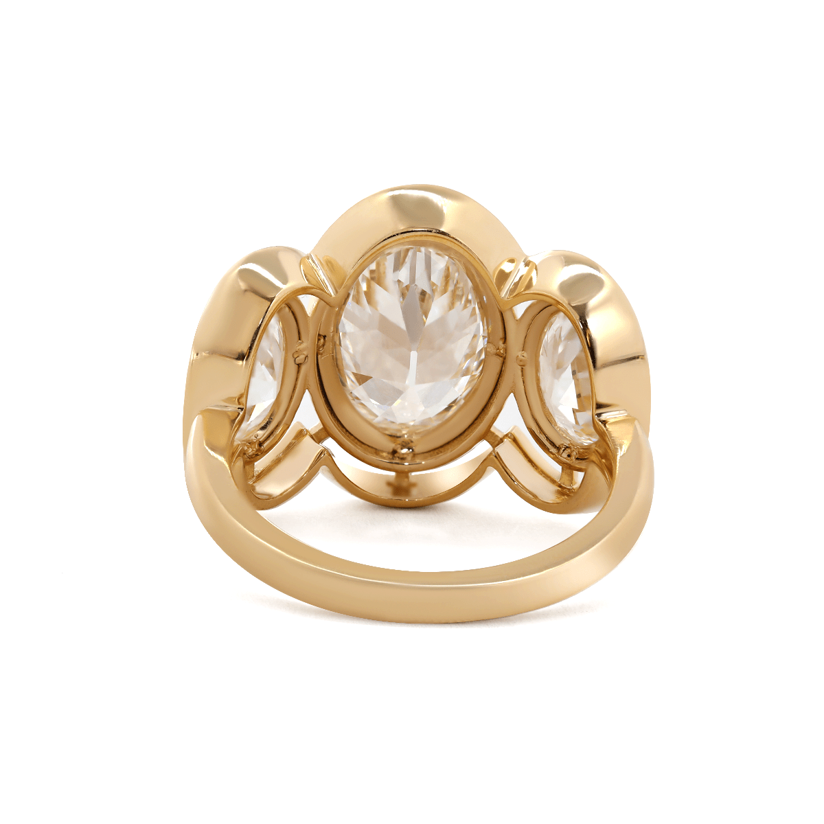 14K Yellow Gold 3ct Oval Old Mine Cut Lab Diamond Victoran - Style Millegrain Bezel Three Stone Ring - MMR